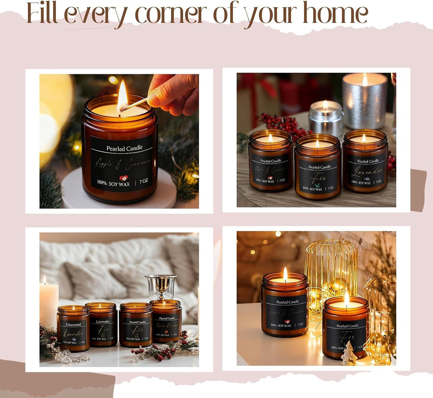 Conelist Pearled Candle Jar Gift Set 28oz Scented Pearl Sand Candle with 4 Jars 50 Wicks and Gift Box for Women Mothers Day Apple Cinnamon/Lavender/fir/Original, 4 Fragrance