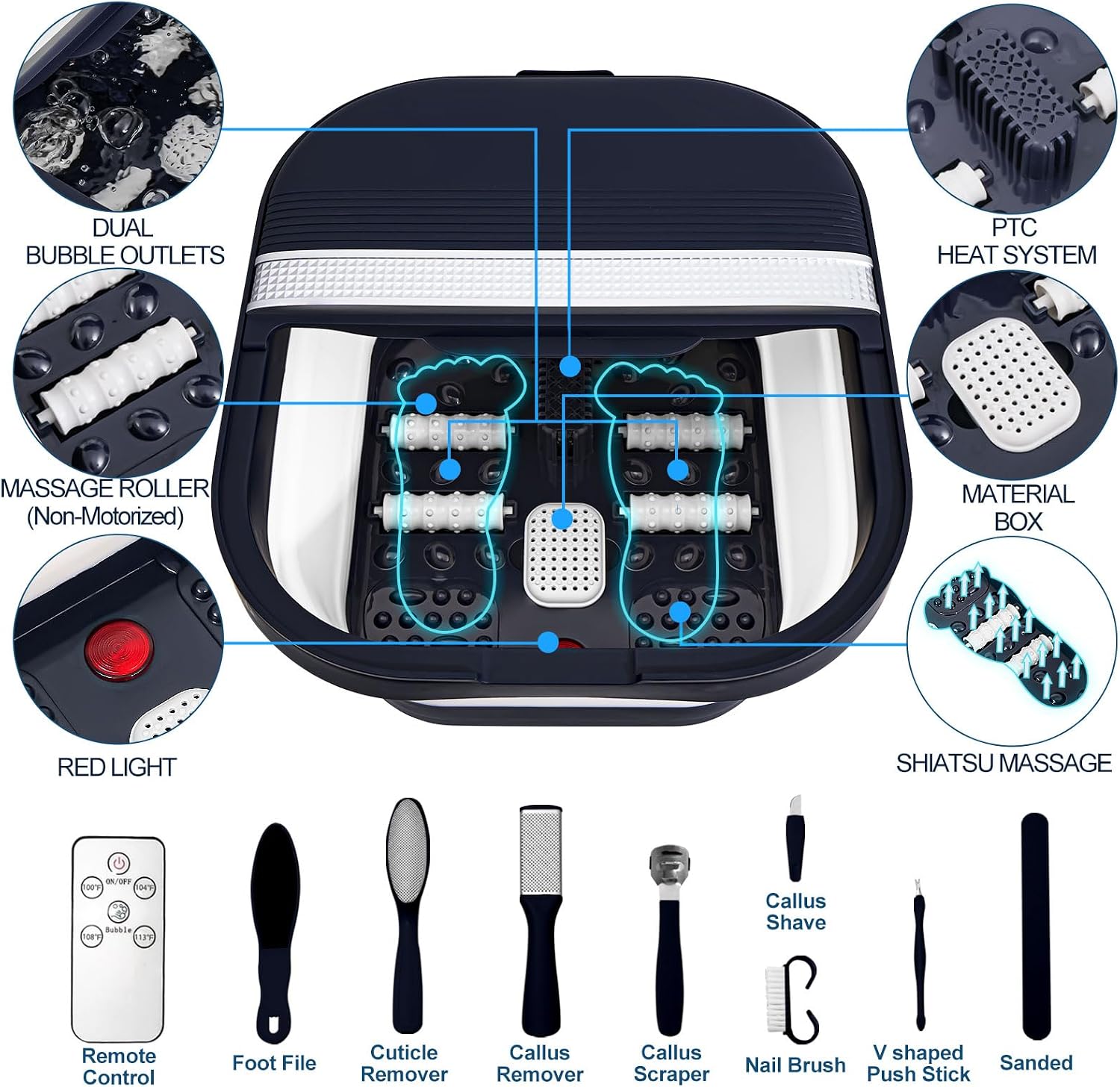UNIFULL Collapsible Foot Bath Spa with Heat, Remote Control, Massage Rollers, Bubble, Foot Pedicure Kit, Red Light, Pedicure Foot Spa, Foot Bath for Gifts