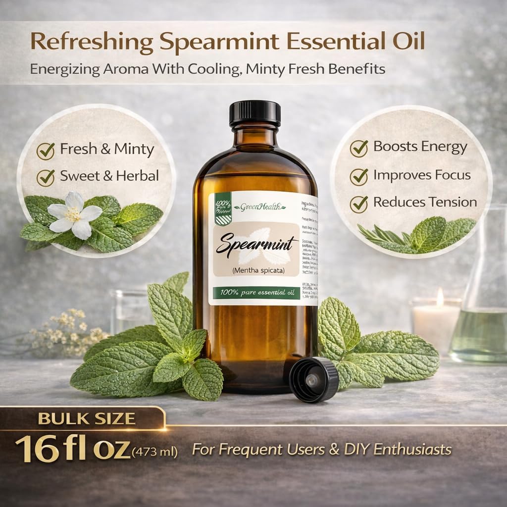 Spearmint Essential Oil – 16 fl oz (473 ml) – 100% Pure & Natural Mentha Spicata – Therapeutic Grade Bulk Essential Oil in Amber Glass Bottle with Dropper – GreenHealth