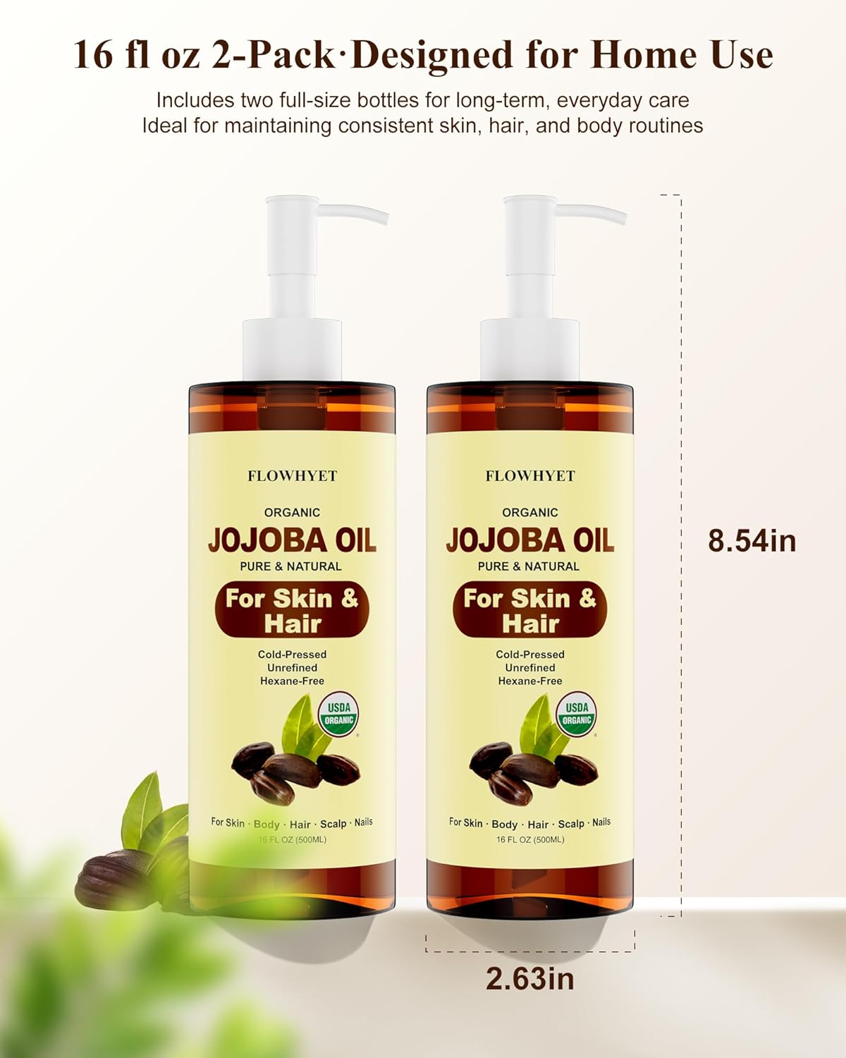 Jojoba Oil Organic Cold Pressed, USDA Certified, 16 fl oz 2 Pack (32 fl oz), 100% Pure Jojoba Carrier Oil for Skin, Hair, Face, Body, Scalp & Nails, Unrefined, Hexane-Free