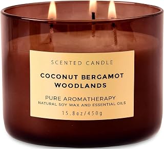 Coconut Bergamot Woodlands 3-Wick Soy Candle | 15.8 oz Large Scented Candle for Home | Clean Burn Long Lasting | Coconut Citrus Floral Scent | Gift Ready