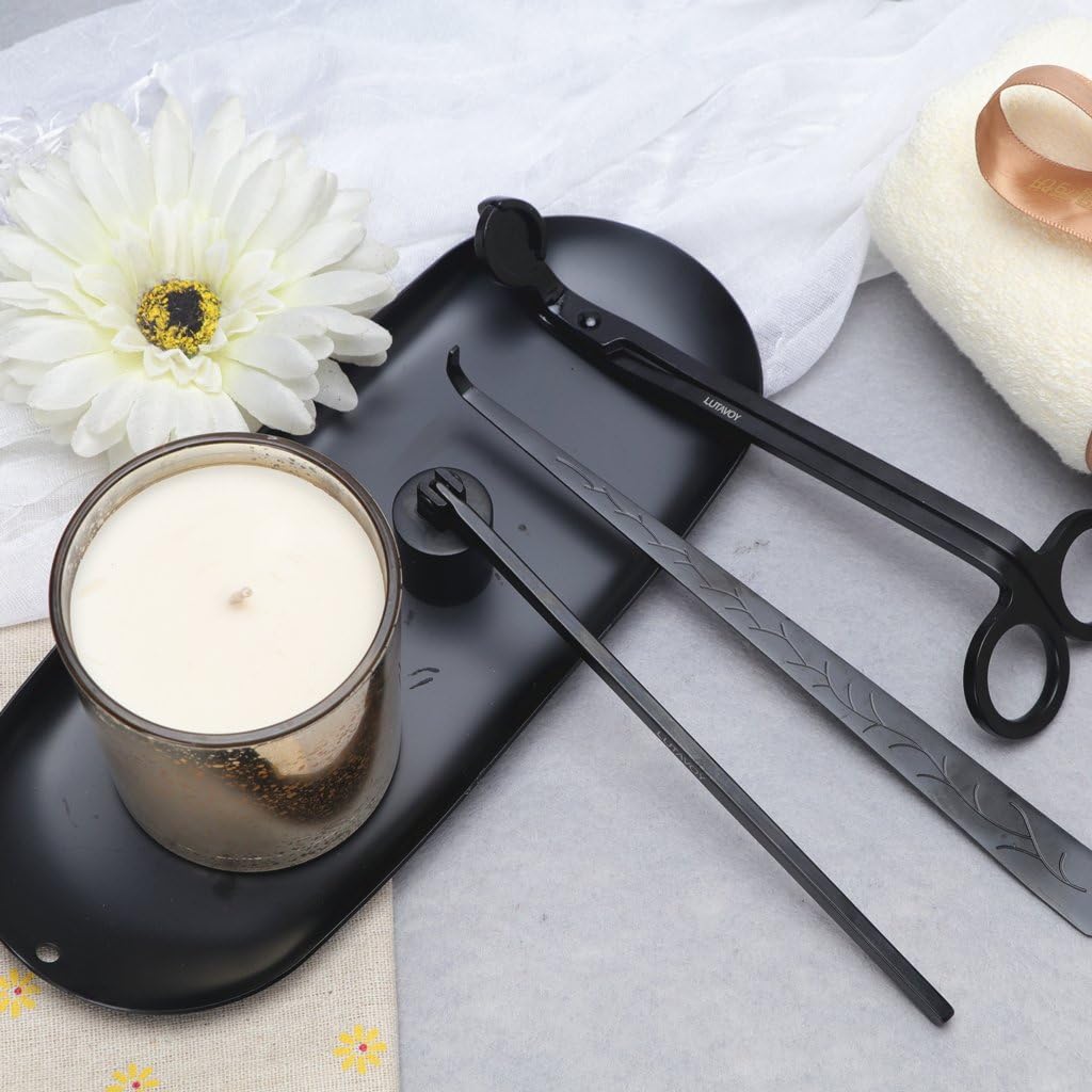 Candle Accessory Set Candle Wick Trimmer Candle Wick Dipper Candle Snuffer Storage Tray 4 Packs Candle Care Kit Gift for Candle Lovers(Black - CAB3)