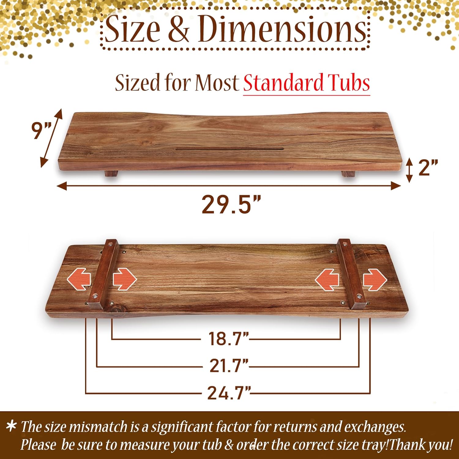 Premium Acacia Wood Bathtub Tray Caddy with Adjustable Legs, Minimalistic Design Bath Tray for Tub, Bathtub Accessories, Fit Standard and Against Wall Bath Tubs, Gift Idea for Women