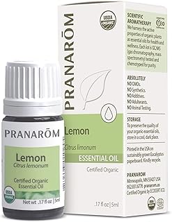Pranarom USDA Certified Organic Lemon Essential Oil (5ml), 100% Pure Undiluted Therapeutic Grade from Argentina for Aromatherapy, Diffuser, DIY, Cleaning, Fresh Lemon Scent