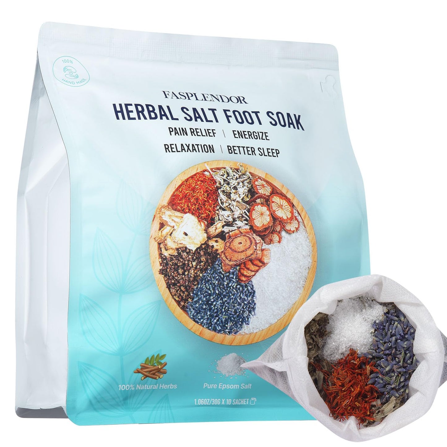 FASPLENDOR Epsom Salt Foot Soak Sachets with Lavender and Mugwort | 10 sachets; herbal blend; warm foot bath; home pedicure; daily foot care; relaxing self-care