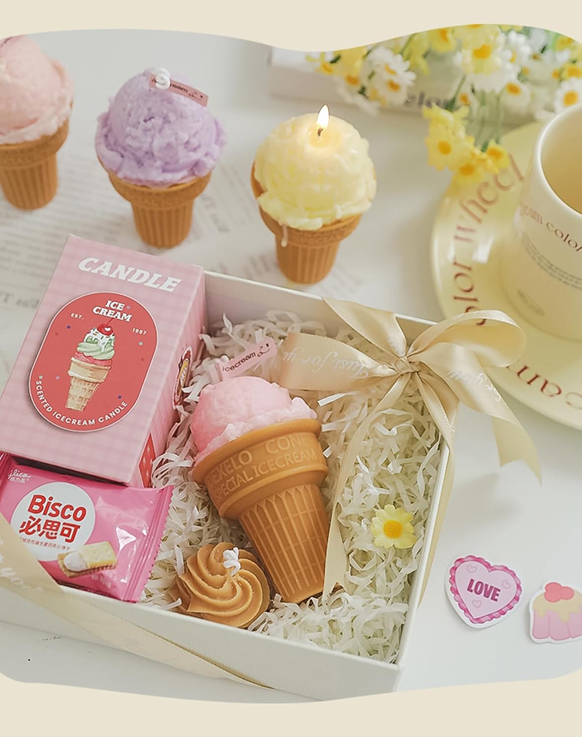 Ice Cream Cone Shaped Scented Candle,140G One Pack Handmade Pink Creamy Coffee Soy Wax Decorative Candle for Table Photo Prop,Smokeless Dessert Decor for Party,Wedding Centerpiece & Gifting