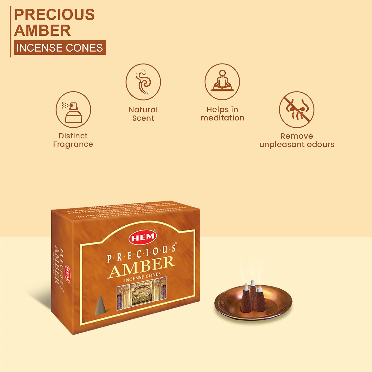 HEM Precious Amber Incense Cones – Pack of 12 Boxes – Soothing, Warm Resinous Aroma for Meditation, Relaxation & Home Fragrance – Made in India