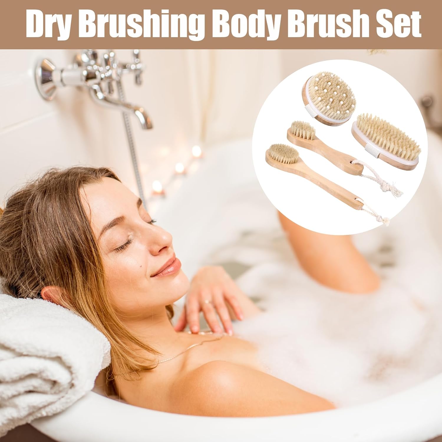 4PCS Dry Brushing Body Brush Set, Bamboo Dry Brush for Exfoliating Body Face, Boar Bristle Face Cleansing Shower Back Scrubber Brushes