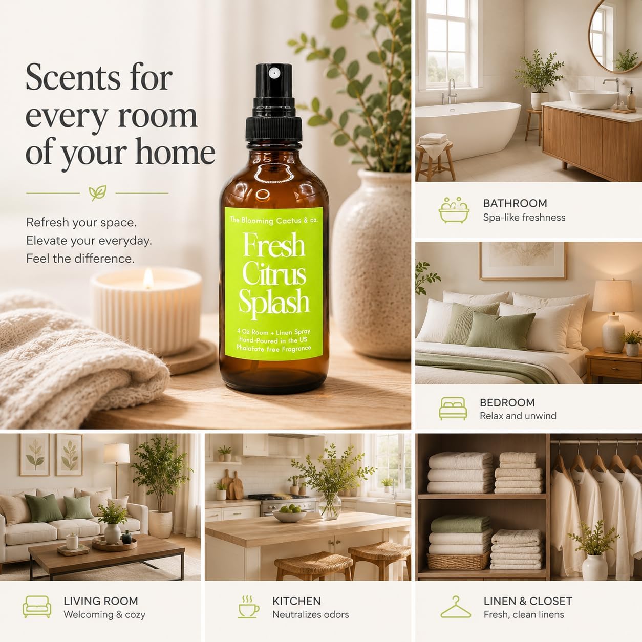 Home | Linen | Room Spray - Air Freshener - Odor Eliminator - Car Air Freshener - Fabric Refresher - Mist Hand Poured - Made in USA – (Fresh Citrus Splash)