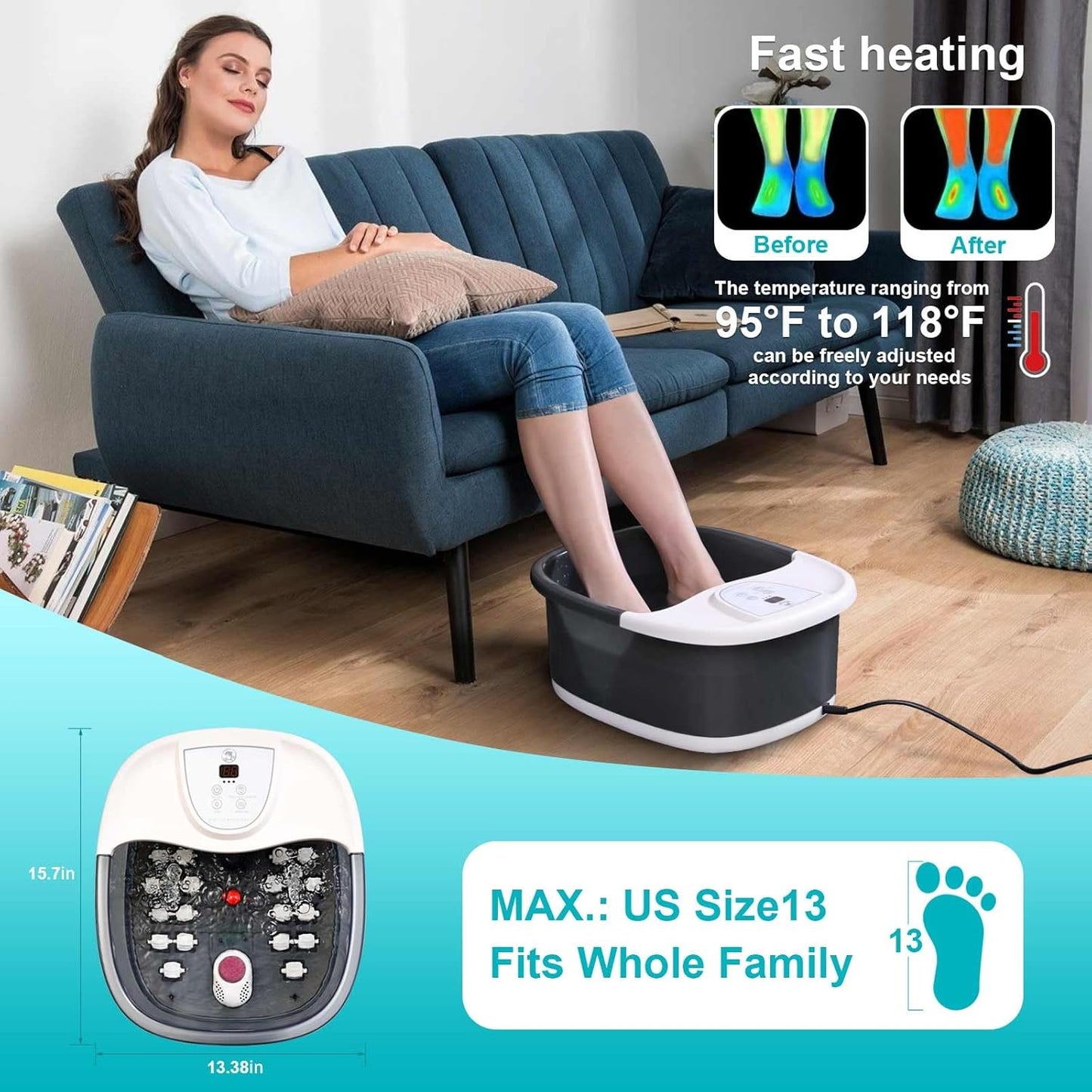 ECARBME Foot Spa Bath Massager with Heat, Foot Soaking Tub with 22 Massage Rollers, Temperature Control, Jets, Bubbles, Epsom Salt and Vibration, Foot Bath soak tub for Relaxation - Grey