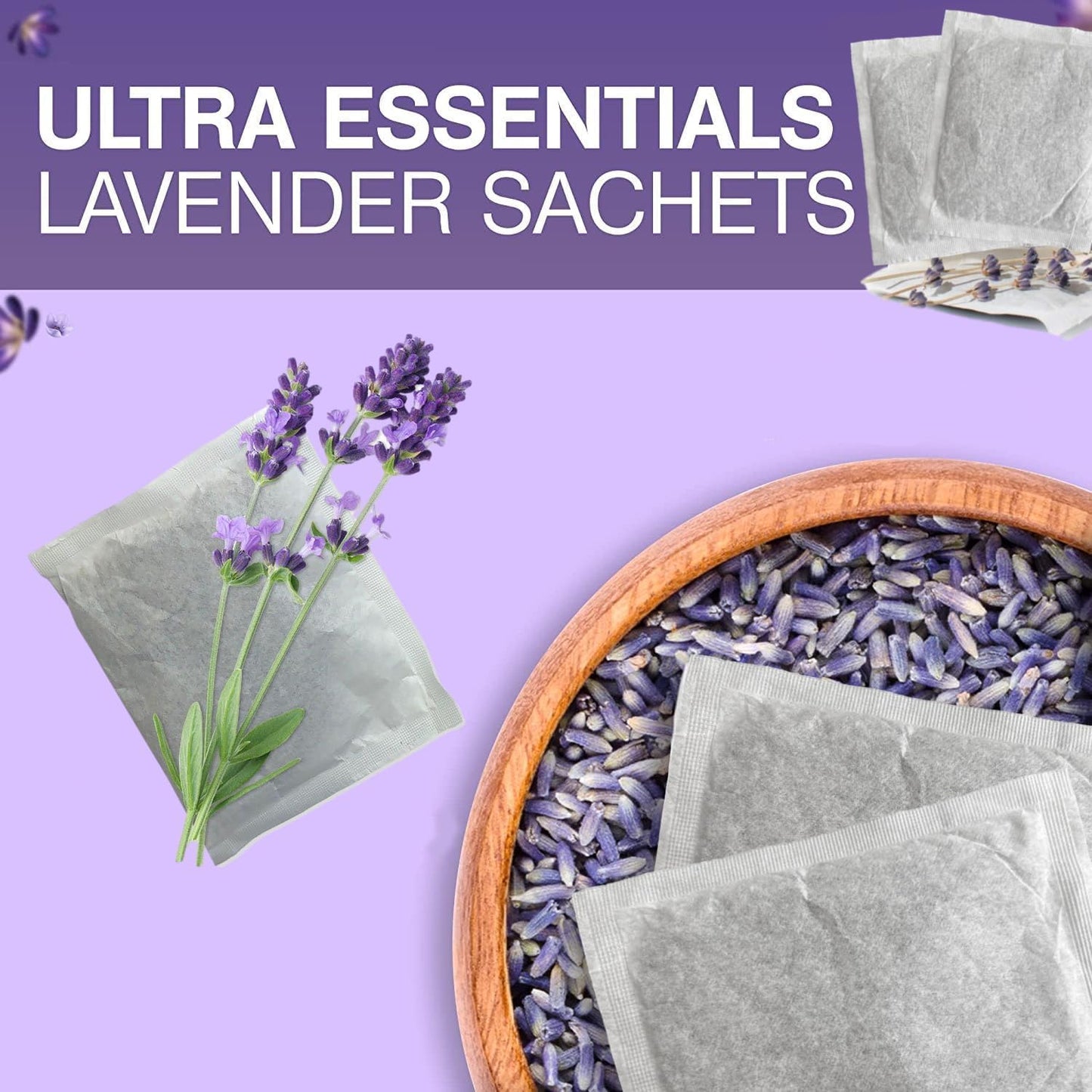 Lavender Dryer Sachets, Premium Extra Flowers, Lavender Scented Sachets for Drawers and Closets, Natural Air Freshener Bags, Odor Eliminator for Closet, Car, Shoes, Gym Bag, Suitcase, Luggage (6 Pack)
