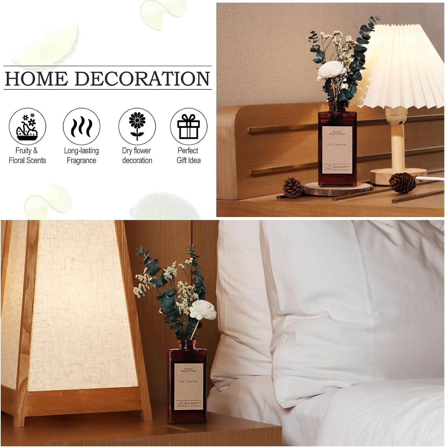 Reed Diffuser Set - Lily Tuberose Essential Oil, 5.07oz/150ml Floral Aroma Oils Scents with Flower Decoration and Rattan Sticks, Home Fragrance for Bedroom Bathroom Shelf Office Room Decor