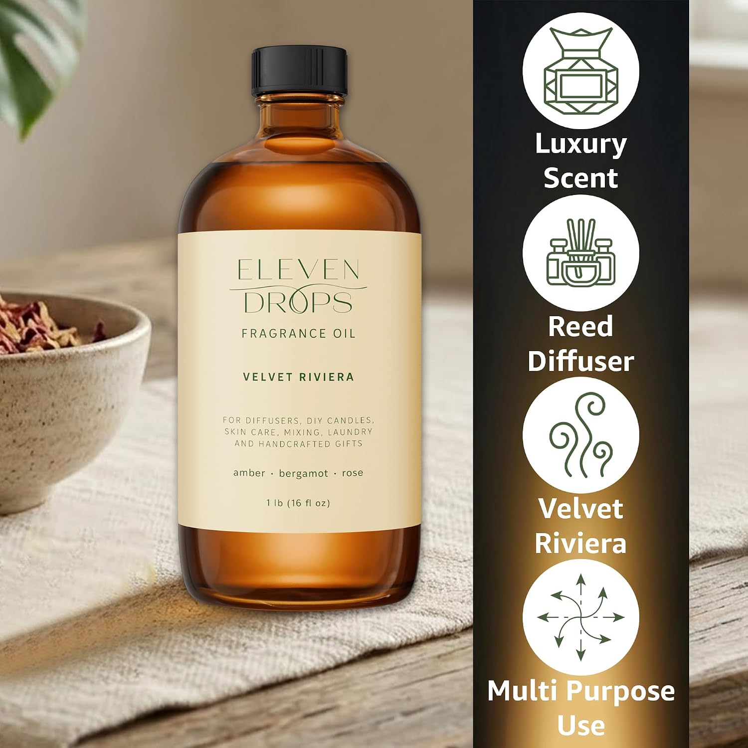 Velvet Riviera Fragrance Oil | Amber, Bergamot & Rose Notes | Long Lasting Scent Reed Diffuser Oil for Home, Office, Hotel, Spa, Car & Linen Spray | Pet Friendly IFRA Compliant, 16 oz