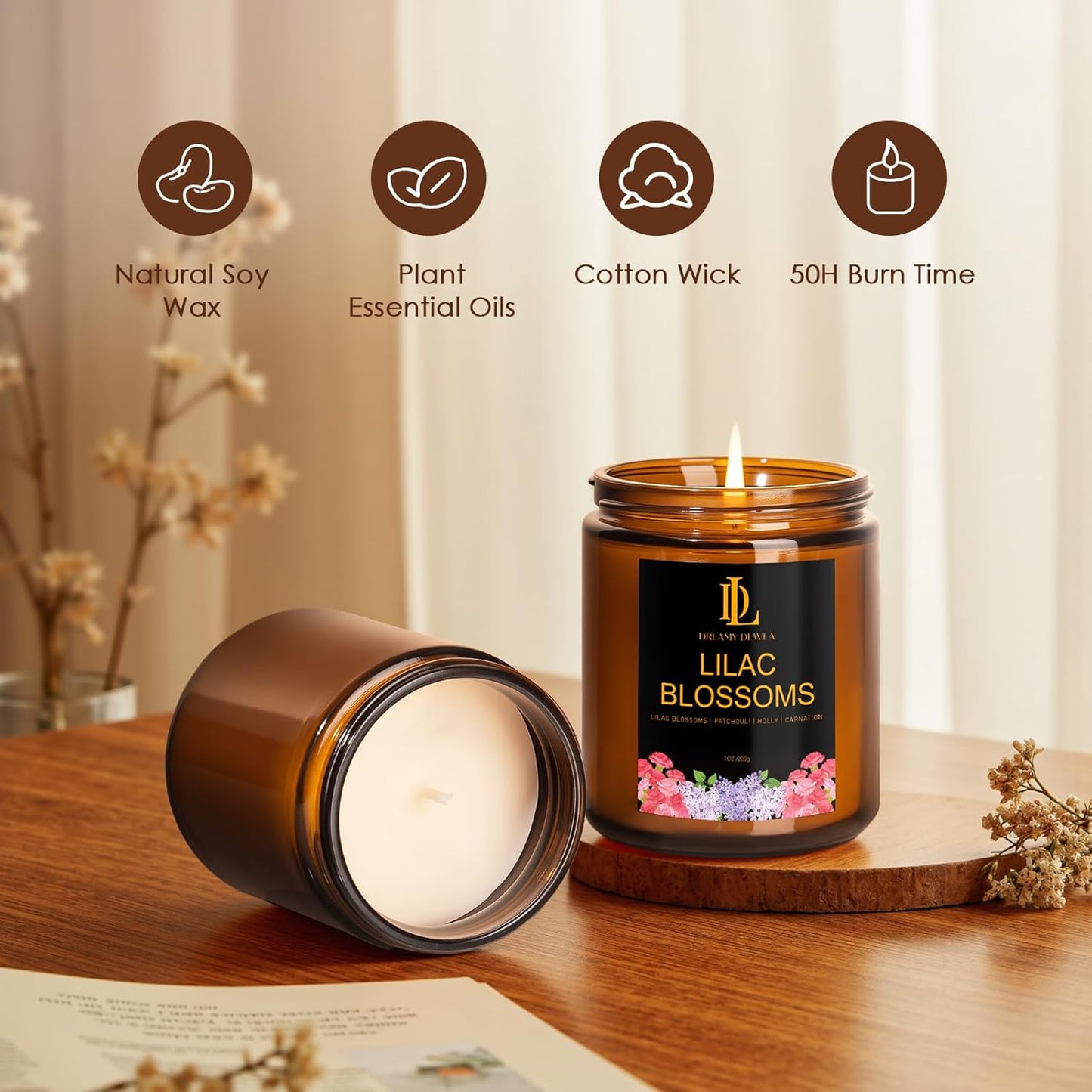 Lilac Blossom Scented Candles, Lilac Blossom Candle, Aromatherapy Candle Gifts for Women, Soy Candles for Home Scented, 7oz 50 Hours Burn, Home Décor
