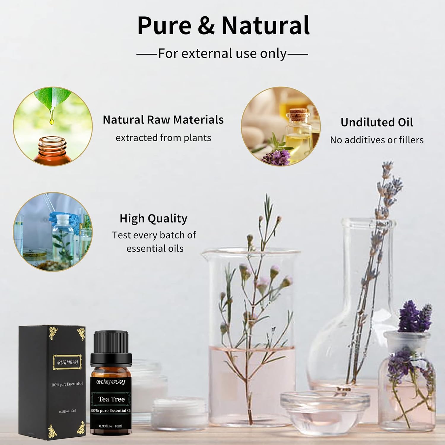 BURIBURI Tea Tree Essential Oil, 100% Pure, Undiluted, Natural Tea Tree Oil Aromatherapy Essential Oils 10ml for Diffuser, Massage