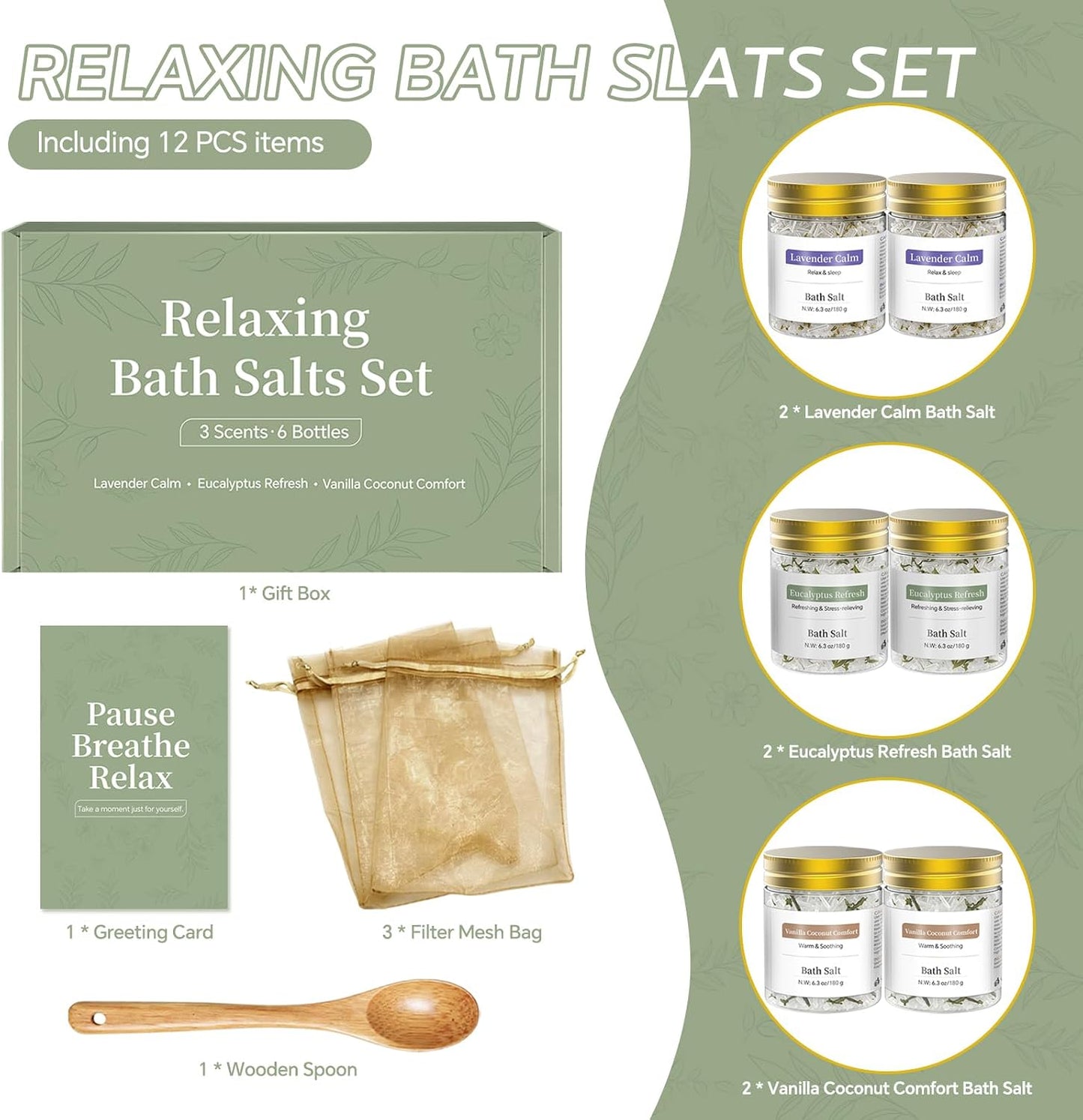Epsom Bath Salt Gift Set for Women, 6 PCS (3 Scents 2 Each): Lavender, Eucalyptus & Vanilla Coconut, Relaxing Self Care Spa Gifts for Mom, Her, Birthday, Stress Relief & Get Well Soon