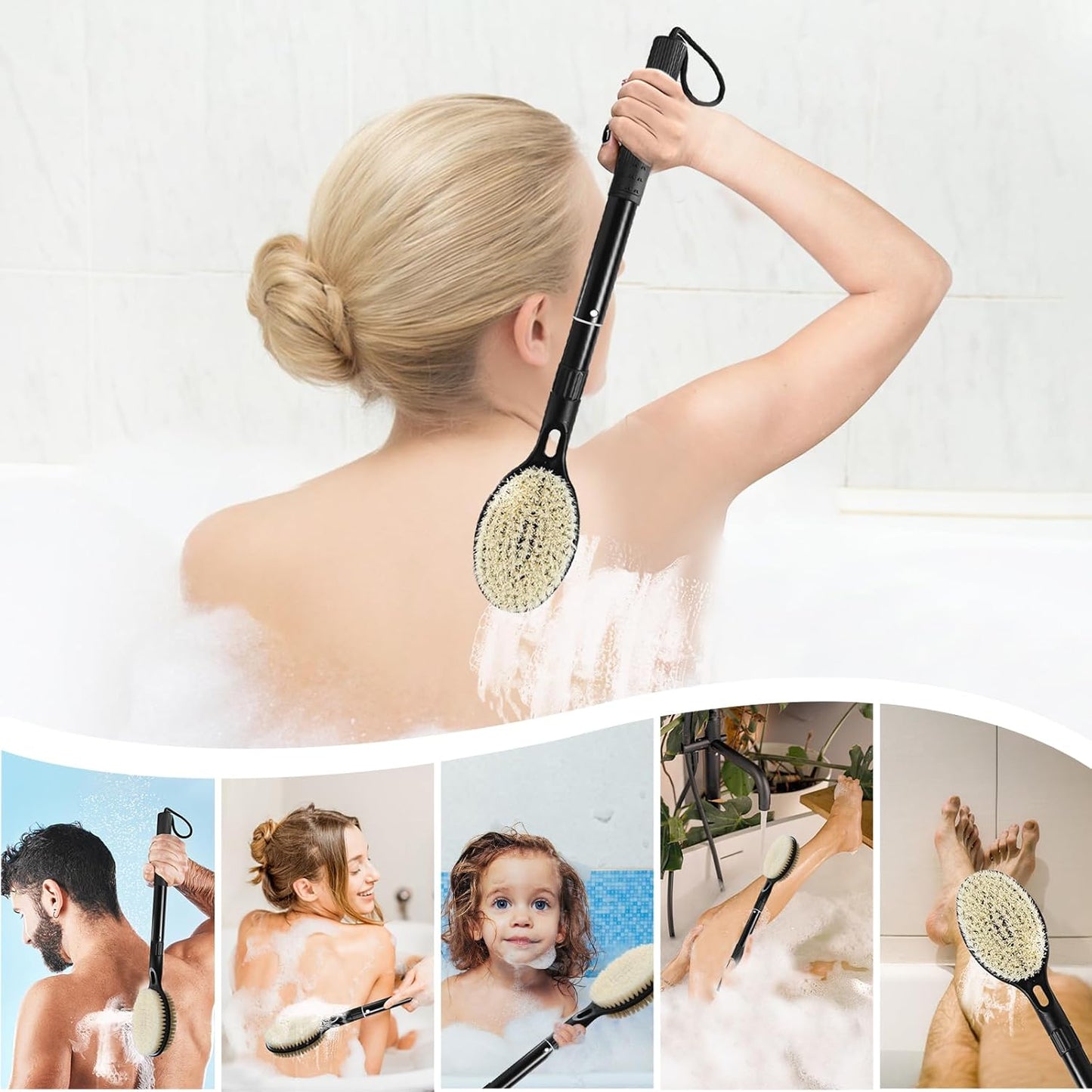 Back Scrubber for Shower with Long Handle, Dual-Sided Bath Brush for Wet & Dry Brushing, Soft & Stiff Bristles Body Exfoliator, Adjustable Detachable Shower Brush for Back, Legs & Feet