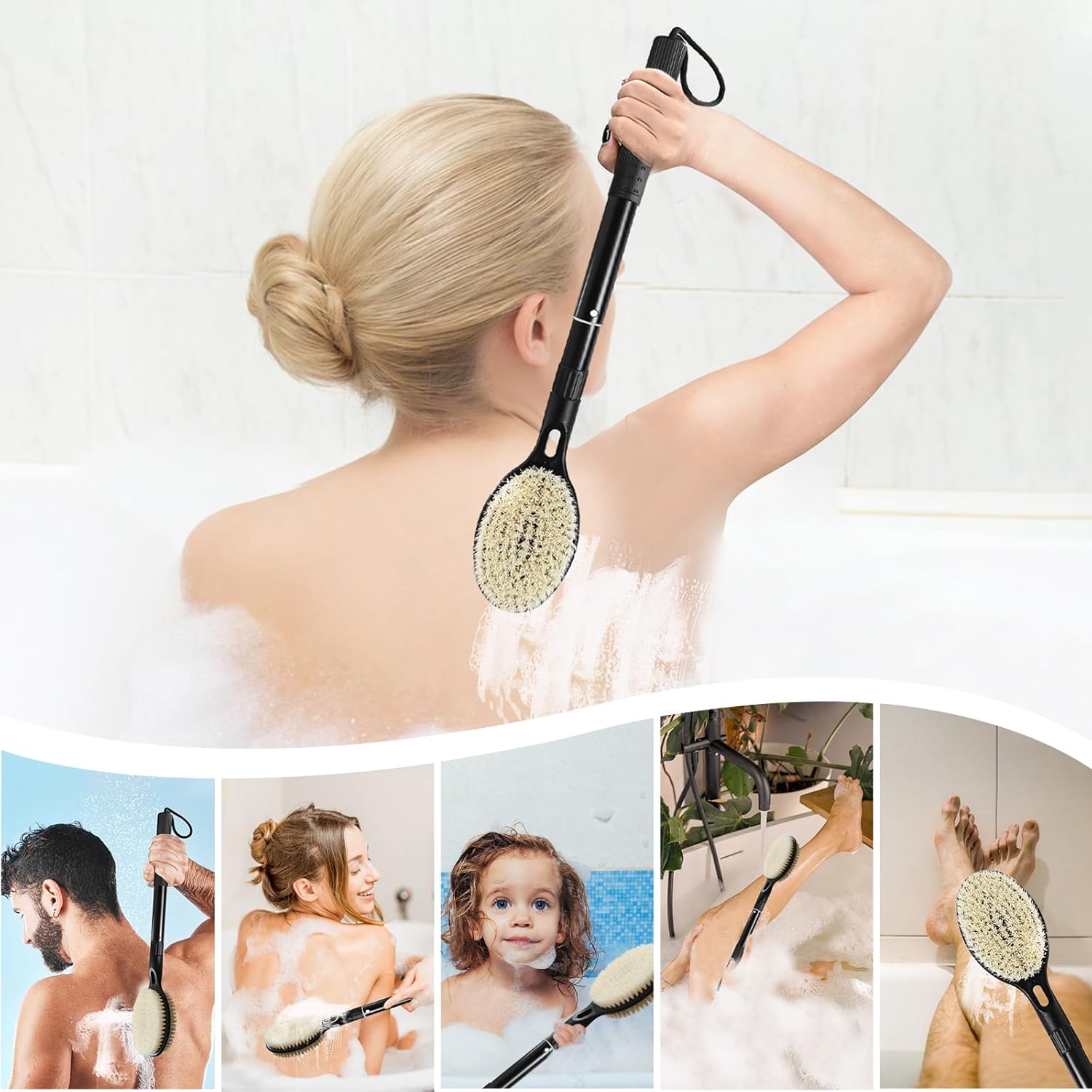 Back Scrubber for Shower with Long Handle, Dual-Sided Bath Brush for Wet & Dry Brushing, Soft & Stiff Bristles Body Exfoliator, Adjustable Detachable Shower Brush for Back, Legs & Feet