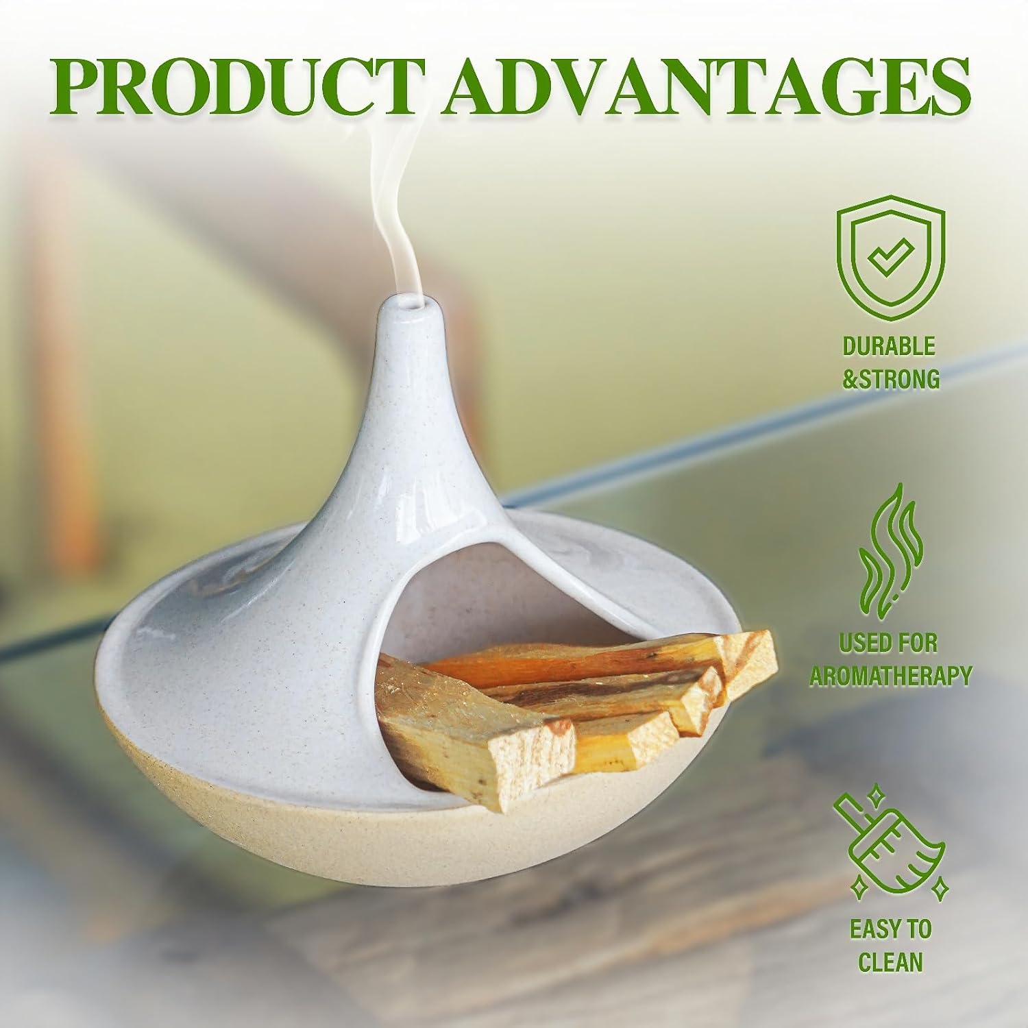 3 in 1 Incense Holder for Palo Santo Sticks Sage Bundles Cone Incense, Handcrafted Ceramic Incense Burner Holder Ash Catcher with Chimney, Smudge Bowl for Yoga Meditation Home Decor (Chimney White)