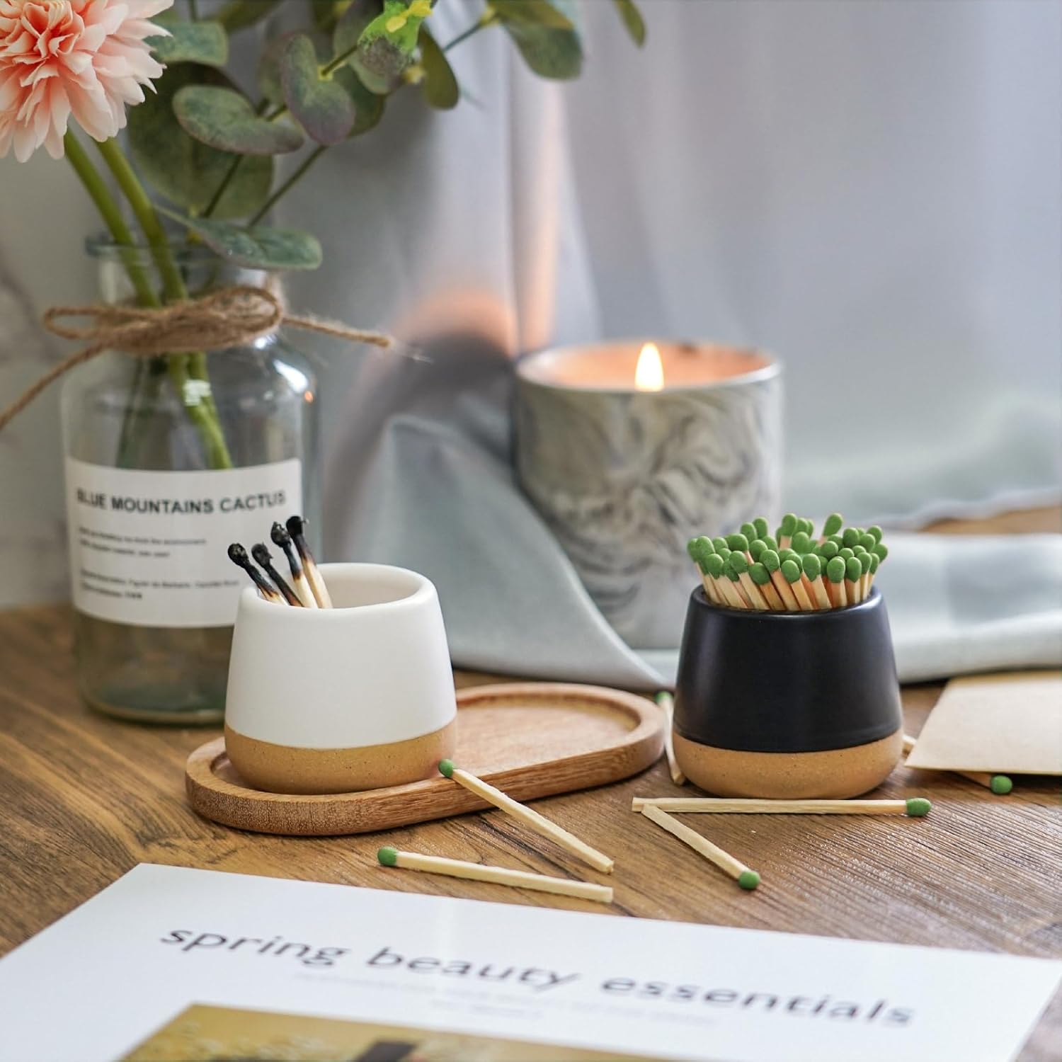FreeJac Set of 2 Ceramic Match Holder with Striker - Match Container With Wooden Tray Matchstick Holder for Kitchen Bathroom Candle Parlor Modern Home Decor - MATCHES NOT INCLUDED