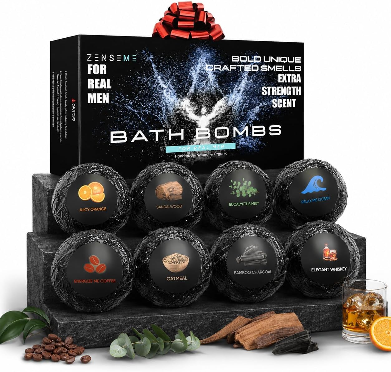 Bath Bombs for Men - Gift Set of 8 Scented Organic Handmade Bath Bombs of 2.5 oz with Natural Essential Oils, Unique Strong Manly Scents, for Boyfriend, Husband, Father or Friend, by ZenseMe