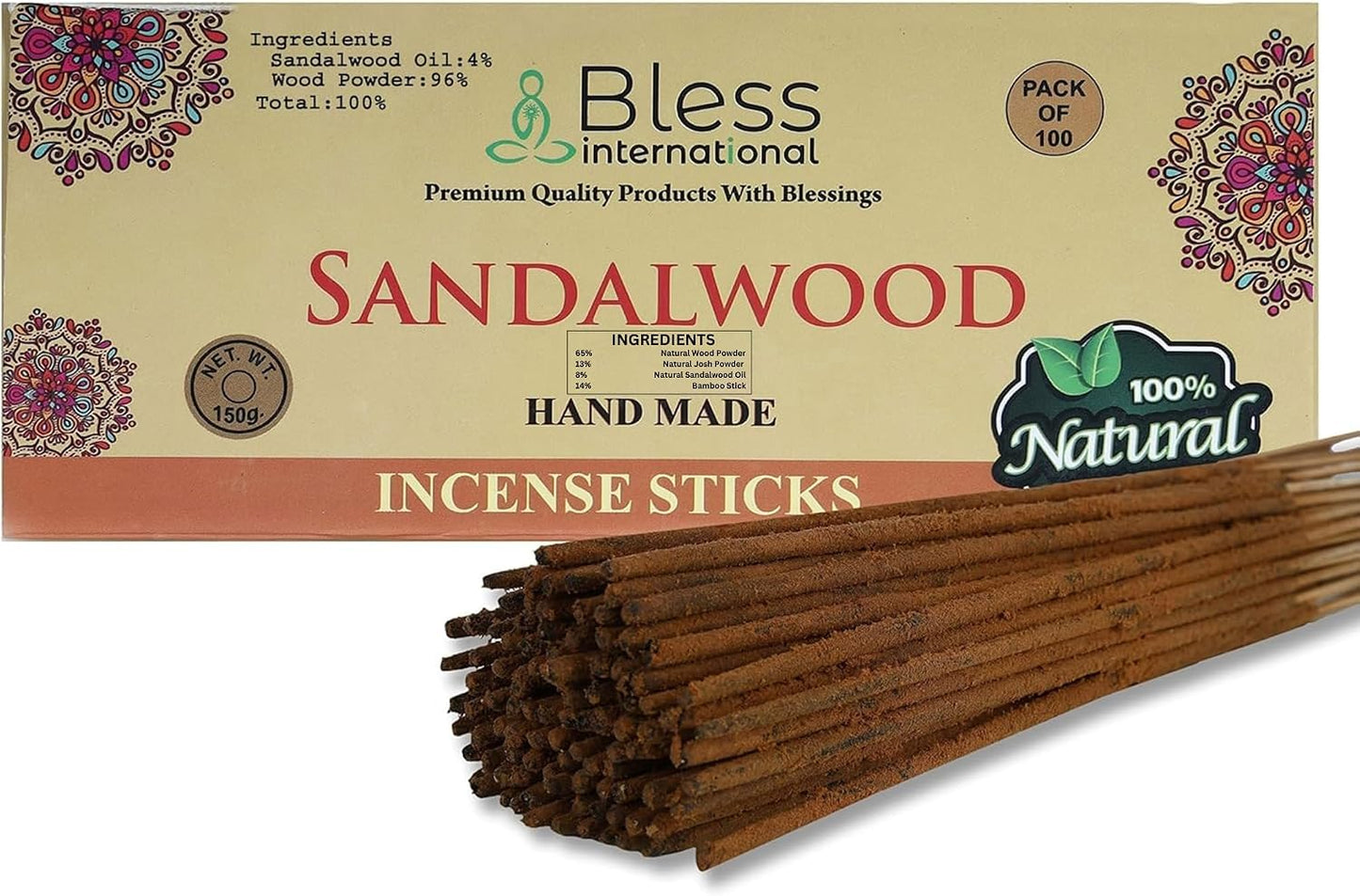 Bless-Sandalwood 100%-Natural-Handmade-Hand-Dipped-Incense-Sticks Organic-Chemicals-Charcoal-Free Purification-Relaxation-Positivity-Yoga-Meditation Best-Woods-Scent (100 Sticks (5.25 OZ))