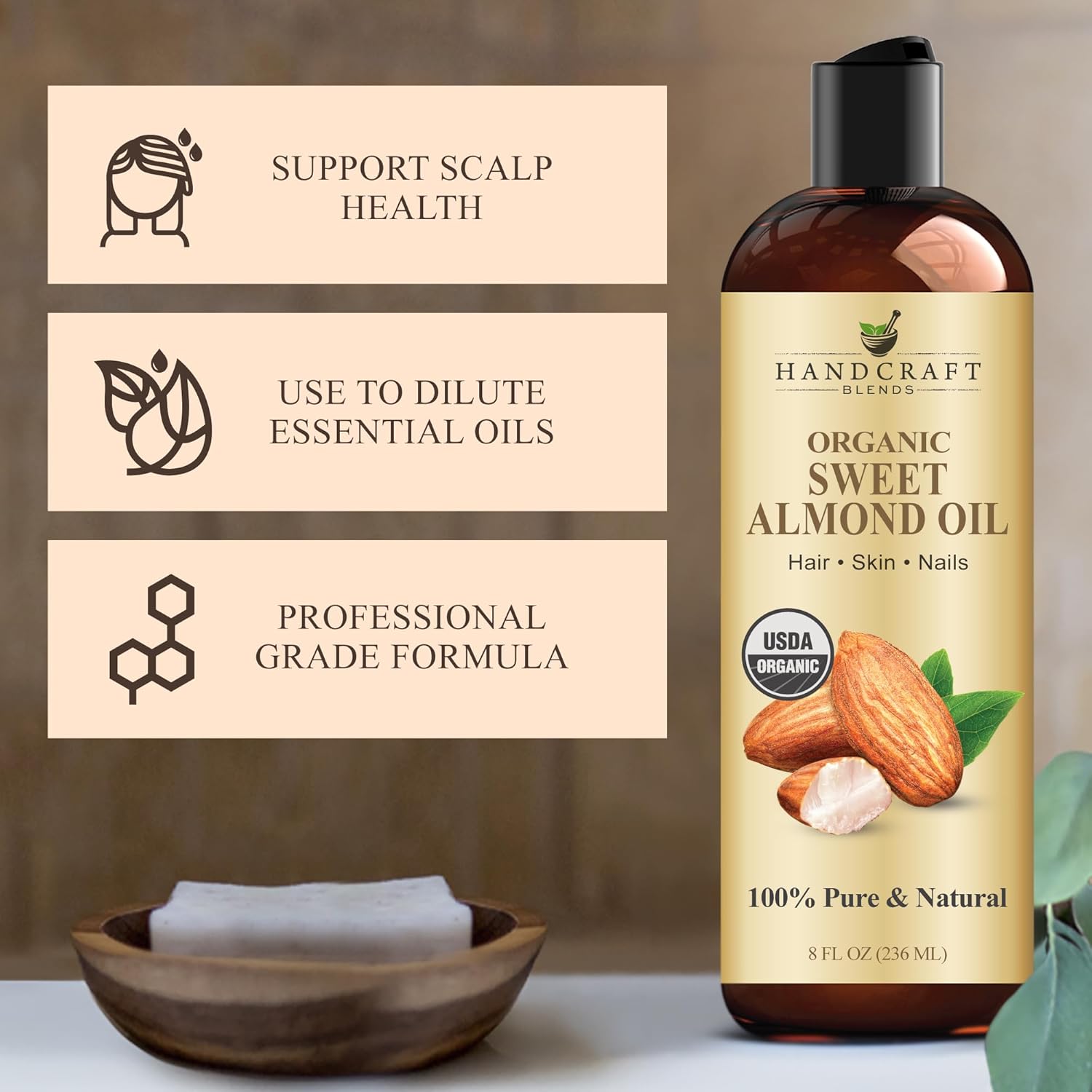 Handcraft Blends Organic Sweet Almond Oil | 100% Pure and Natural | Bath & Body Oil | Premium Grade Carrier Oil | Skin | Hair | Body | Massage | Hexane-Free | 8 Fl Oz