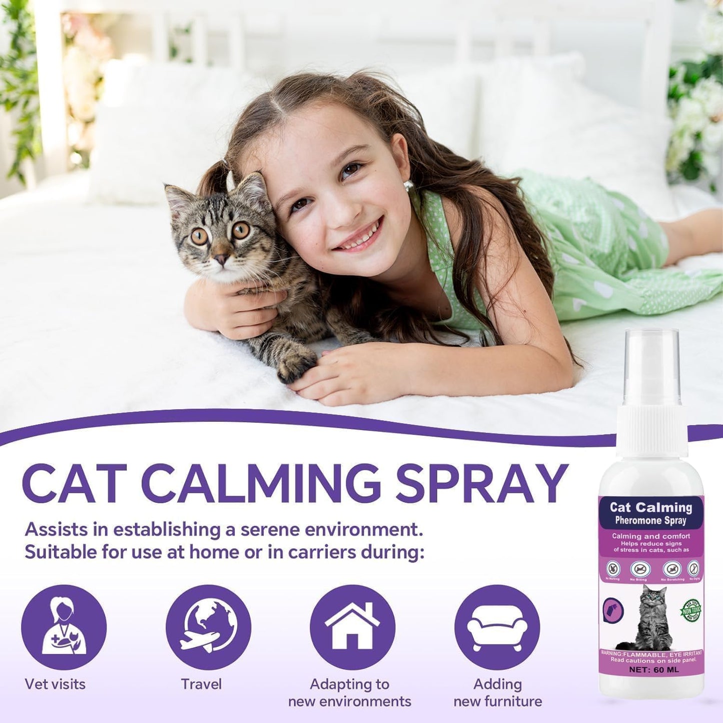 Cat Calming Spray with Pheromones – Anxiety & Stress Relief for Cats – Reduce Scratching Furniture, Urine Marking & Aggression – Calming Aid for Travel, Vet Visits & Home – 60-Day Supply (2 × 60 mL)