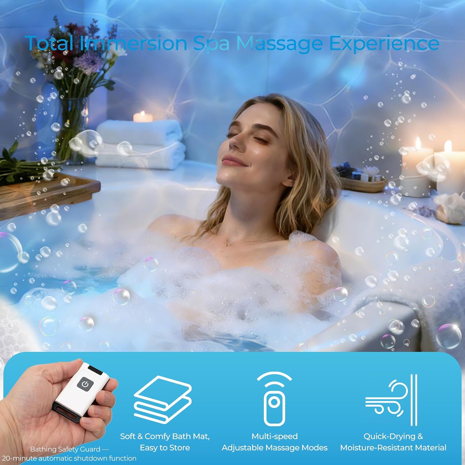 Portable Spa Bubble Bath Mat, Bathtub Massager Mat with Waterproof and Non-Slip Functions, Multi-Intensity Remote, Electric Air Pump, Strong Suction Cups, Full-Body Bubble Spa Experience at Home.