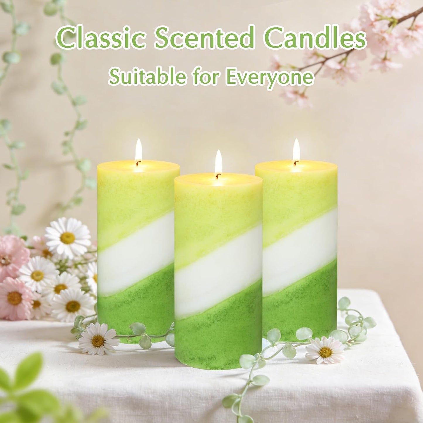 Eucalyptus Mint Scented Pillar Candles, 3x6 Inch Green and White Striped 100% Cotton Core Paraffin Wax Candles for Home Room Shelf Decor Idea, Set of 3