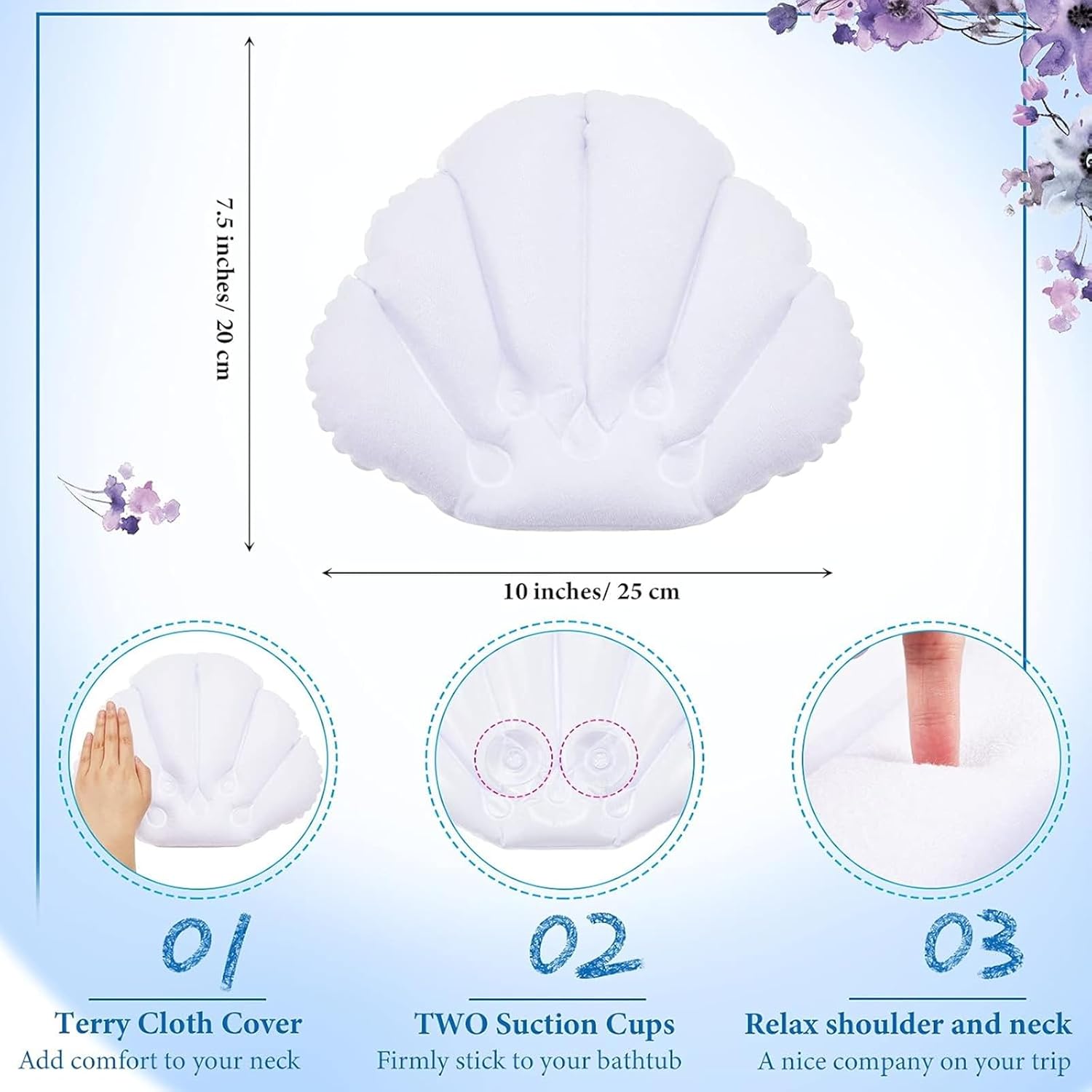 Jetec 2 Pcs Inflatable Bath Pillow with Suction Cup Terry Cloth Covered Bath Pillow Shell Shape Bathtub Spa Pillows Comfortable Soft Cushion Neck Support Fits All Pool Bathroom Home Spa Hot Tub