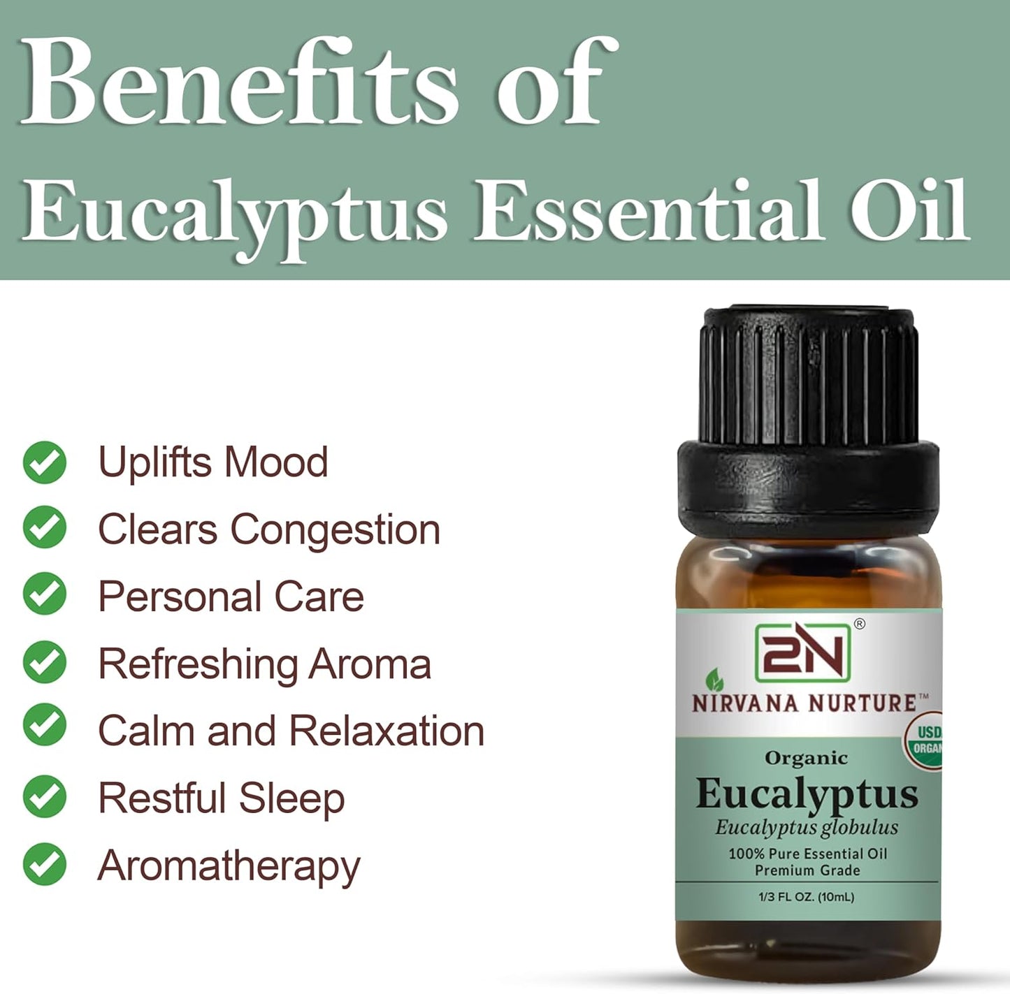 Eucalyptus Essential Oil, USDA Certified Organic, 100% Pure Undiluted, Aromatherapy Oil for Diffuser, Hair & Skin Care