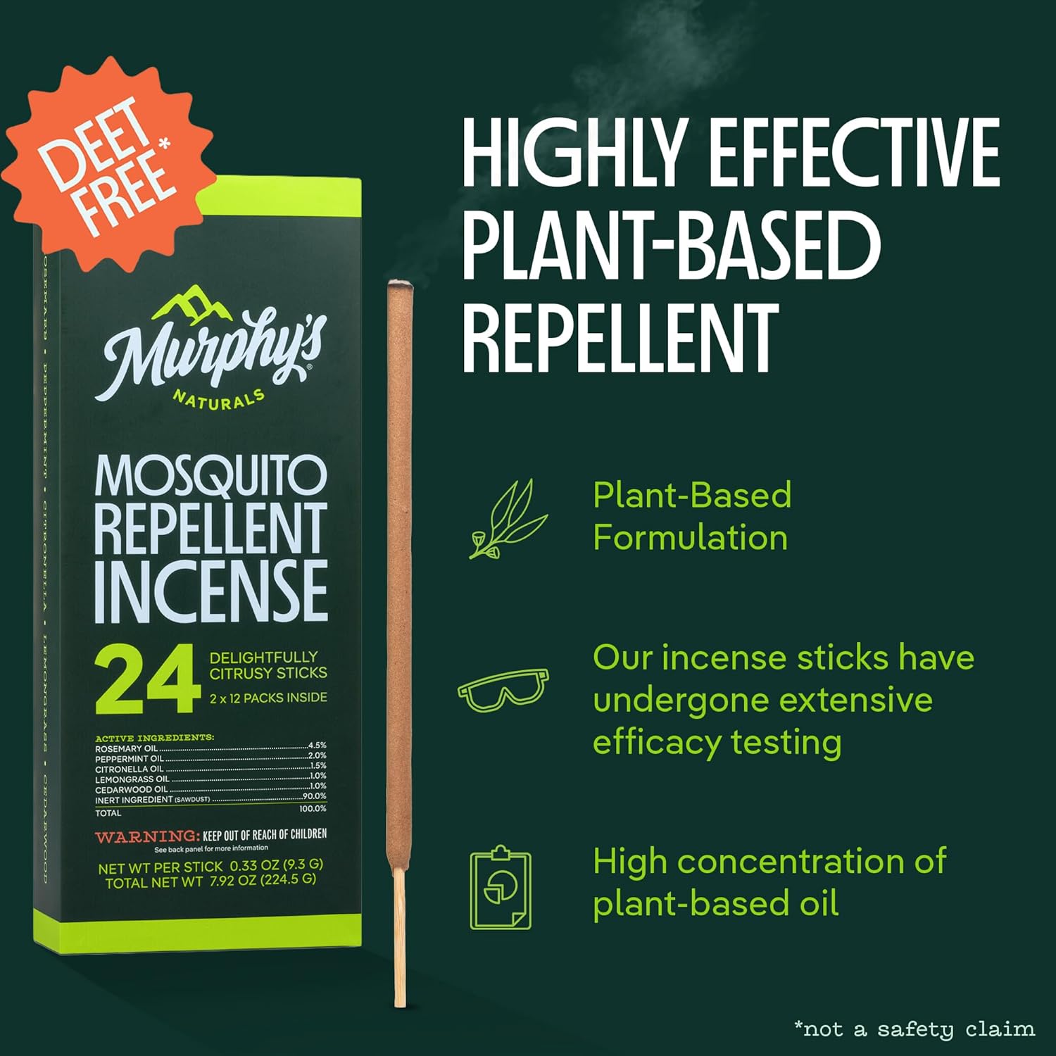 Murphy’s Naturals Mosquito Repellent Incense Sticks, Insect Repellent with Citronella for Outdoors, 2.5+ Hours of Burn Time per Stick, 0.33 oz, 24 Count