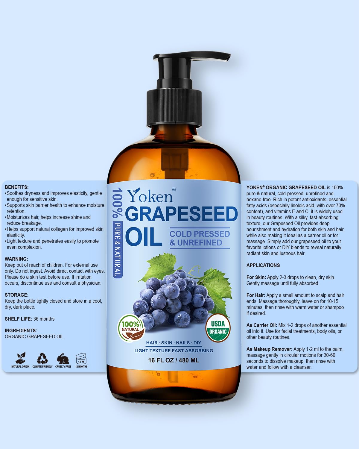 Yoken Organic Grapeseed Oil 16 oz GLASS BOTTLE - USDA 100% Pure & Natural Cold Pressed Grape Seed Carrier Oil for Skin & Hair - Single Ingredient, Hexane Free, Light & Silky Body Moisturizer