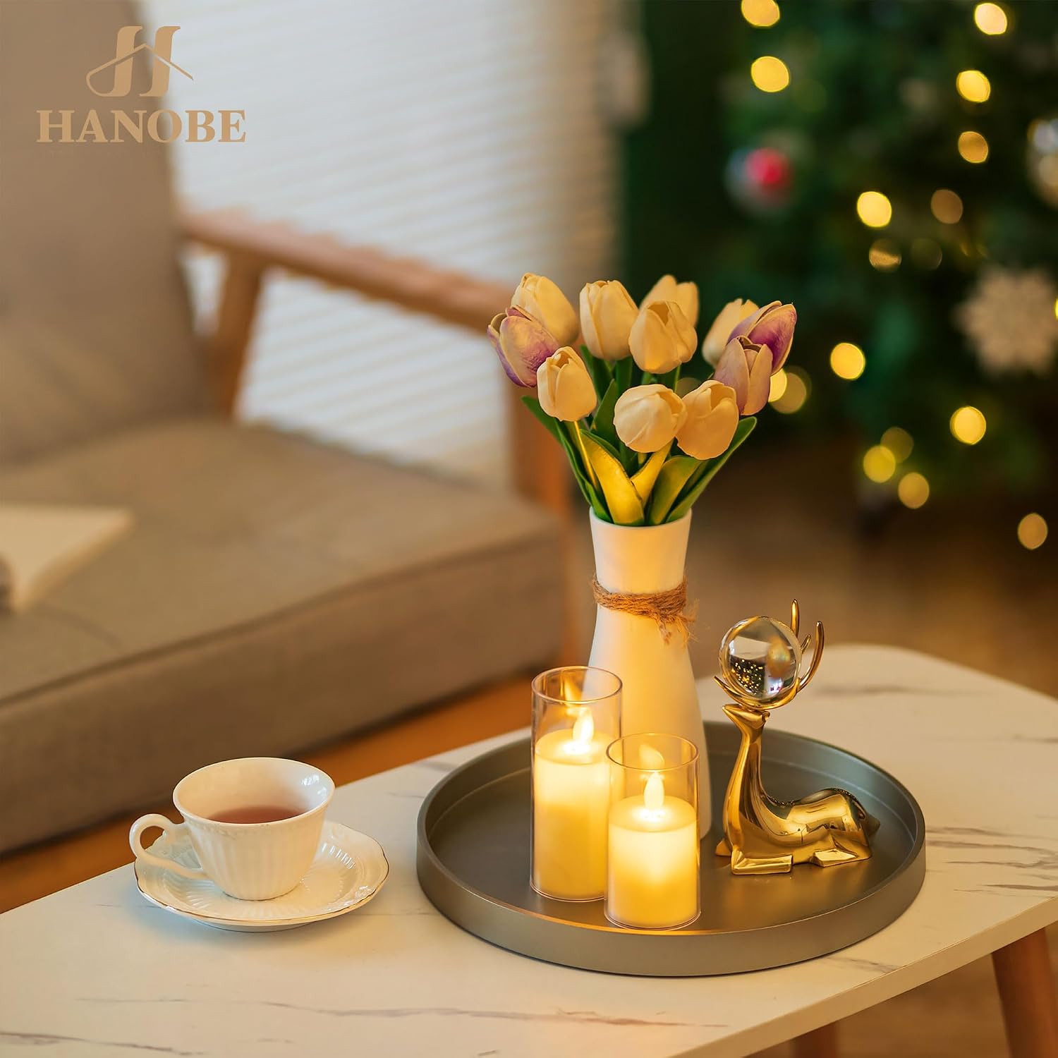 Hanobe Candle Plate Holder Tray: Champagne Gold Round Wood Candle Plate Decorative Centerpiece Small Tealight Pillar Trays for Living Room Dining Coffee Table Home Decor