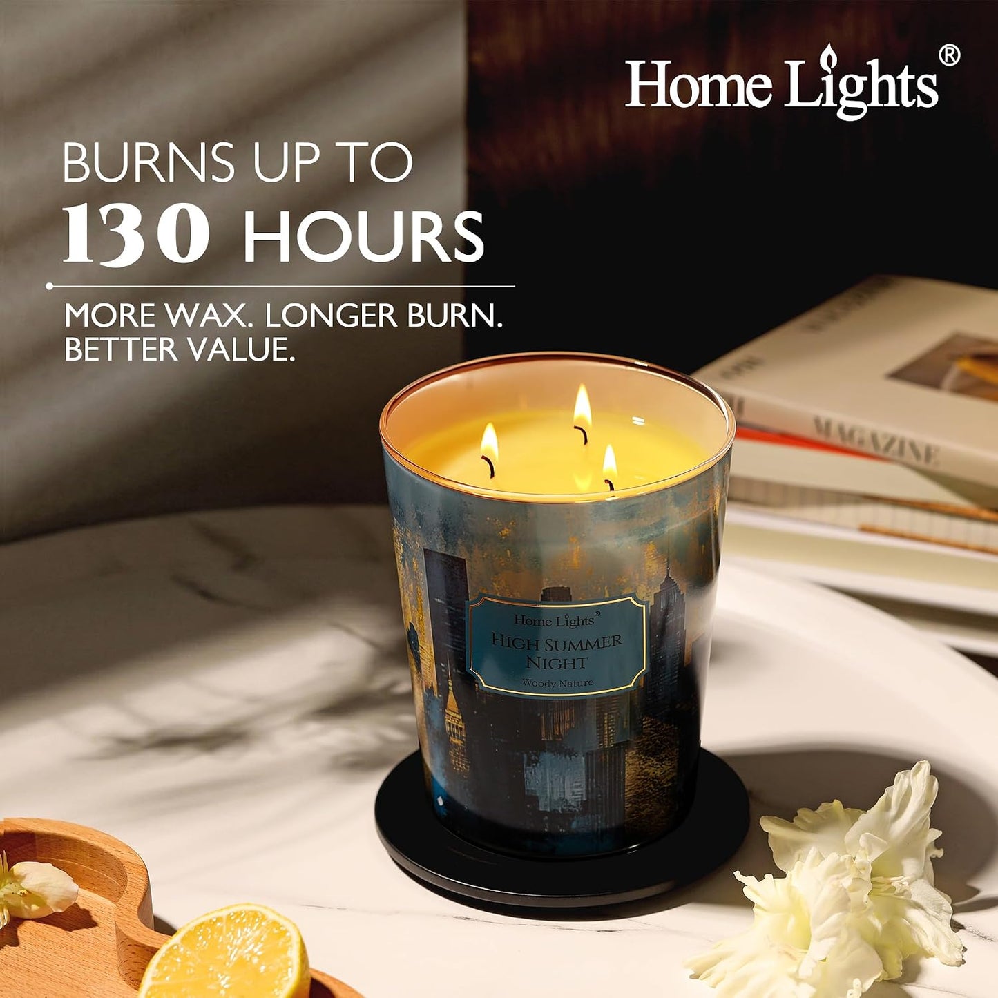 HomeLights High Summer Night Scented Candles | 34oz Soy Candles Industrial Chic 3-Wick Large Candle Jars | Ideal Candle Gifts for Events, Home Decor Stress, Relief & Relaxation