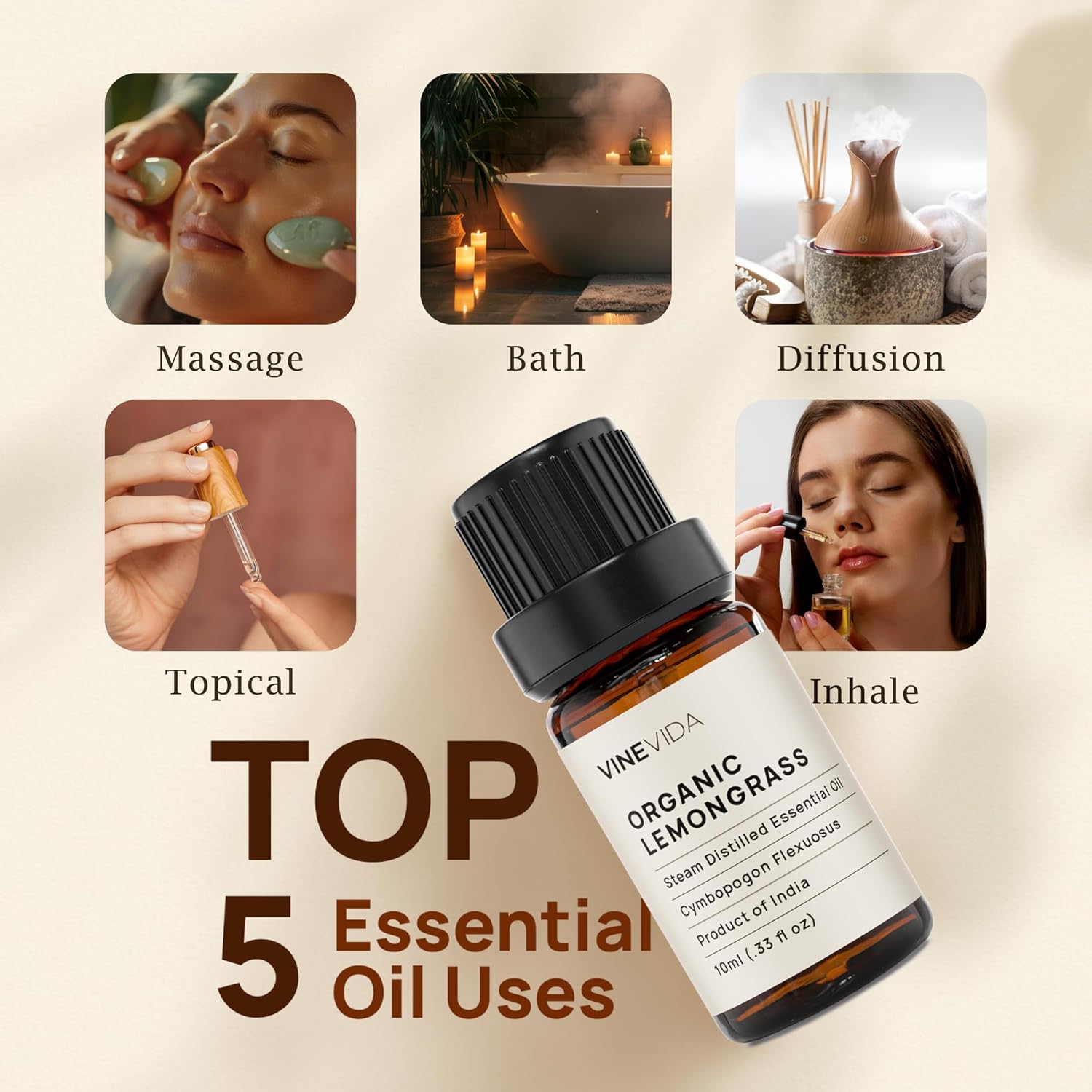 VINEVIDA Organic Lemongrass Essential Oil 10 mL - Undiluted, Pure, Vegan, Reusable Glass Bottle with Dropper