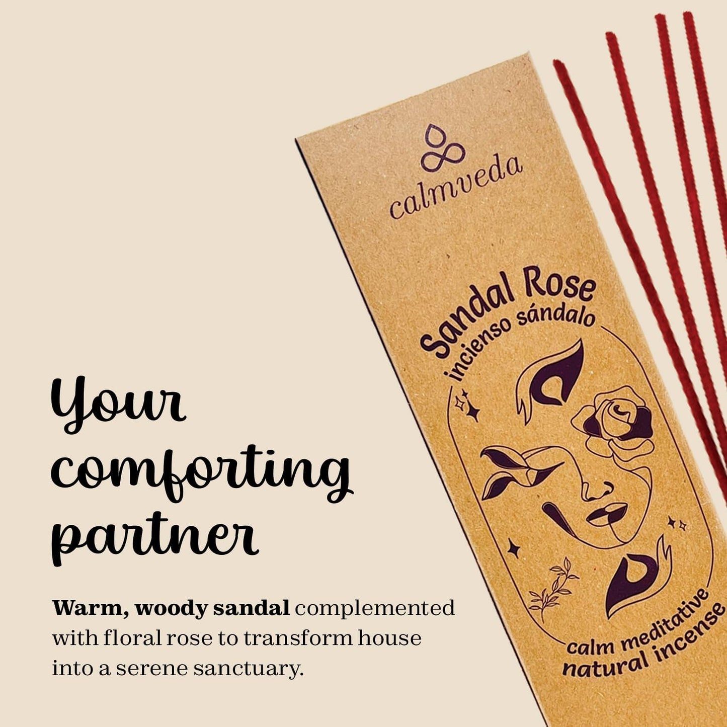 Sandal Rose Incense Sticks Natural - for Meditation Incense (40+ Sticks) Clean Charcoal Free Made from Upcycled Flowers | Sweet Woody Sandalwood for Calm Feel (Incienso De Rosas)