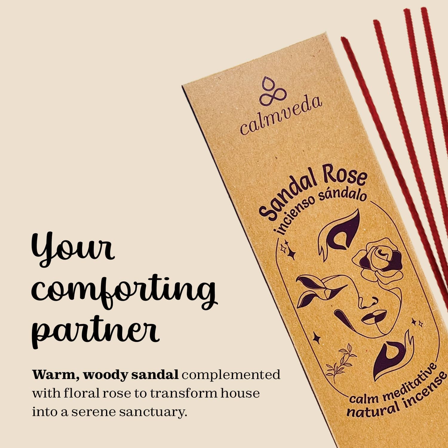 Sandal Rose Incense Sticks Natural - for Meditation Incense (40+ Sticks) Clean Charcoal Free Made from Upcycled Flowers | Sweet Woody Sandalwood for Calm Feel (Incienso De Rosas)