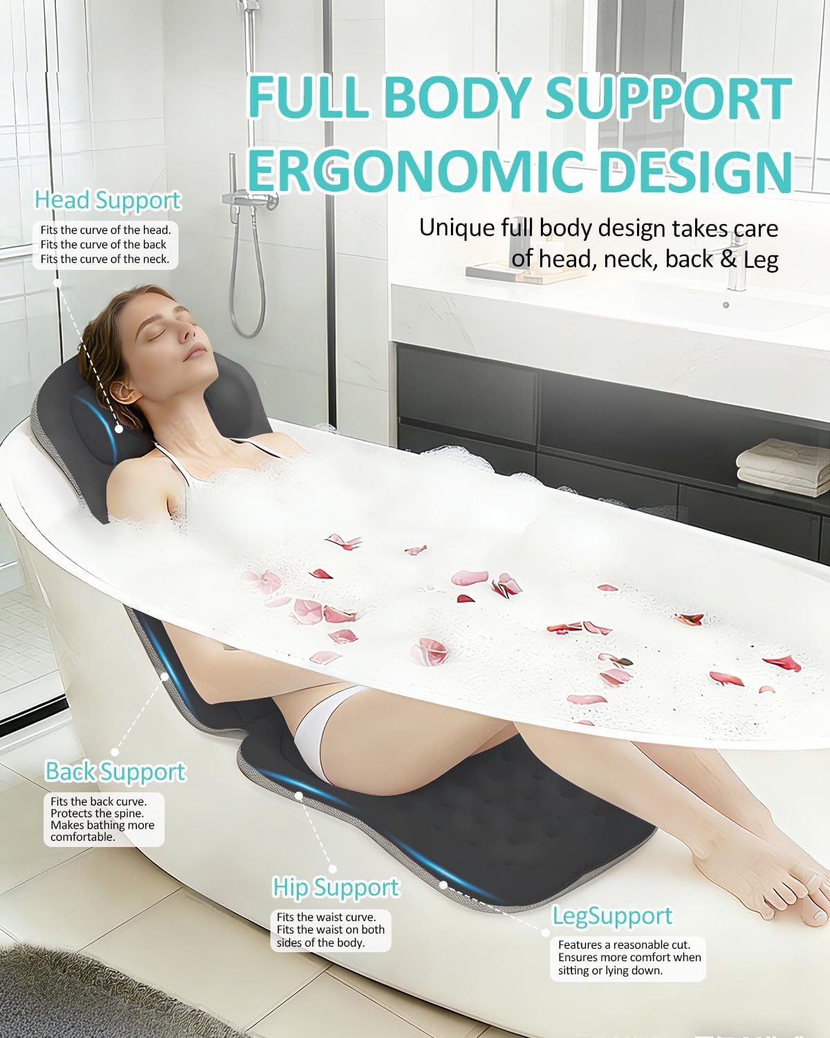 Full Body Bath Pillow for Bathtub, 5D Thick Tub Pillow for Bathtub with 192 Non-Slip Suction Cups, Laundry Bag & Hook, Bathtub Pillow for Head, Neck & Back Support (Gray, 51"*15")