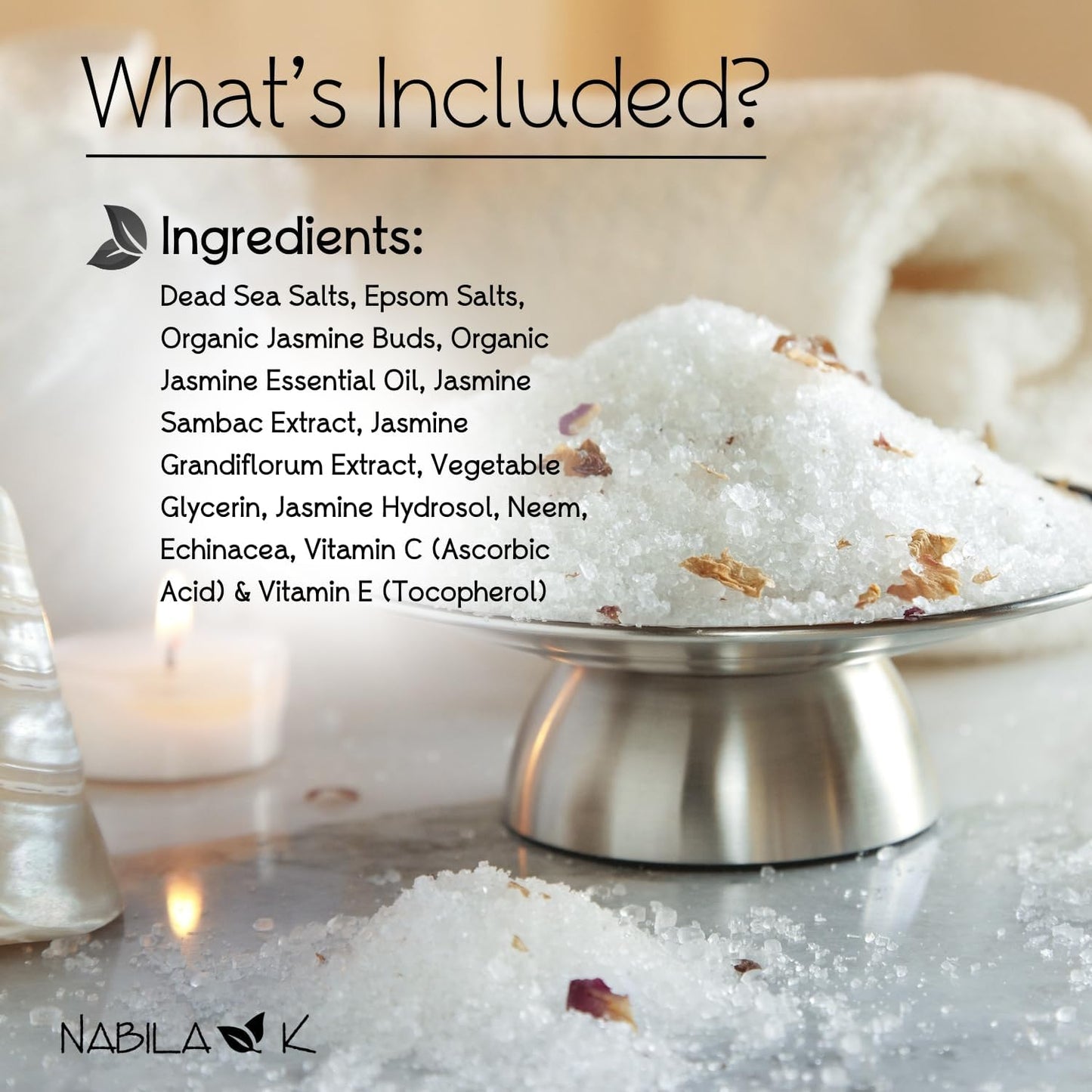 Organic Jasmine Bath Salts for Women & Men - Dead Sea Salt & Epsom Salt Soak and Scrub - Organic Jasmine Buds & Sambac Extract, Cruelty-Free, Sulfate-Free | Travel Size, 2 oz | Nabila K