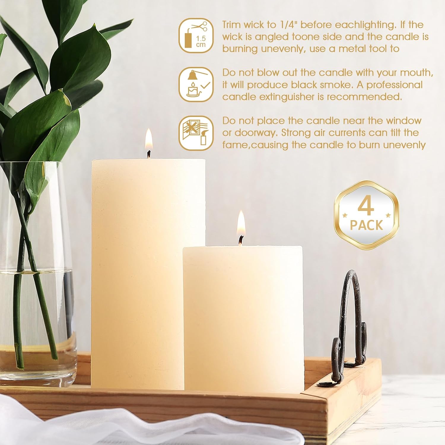 Uscented Pillar Candles, Ivory Pillar Candle Set of 4, 3 x 3 Inch Dripless and Smokeless Large Pillar Candles for Dinner Table, Christmas and Home Decor 45 Hours Long Burning Time