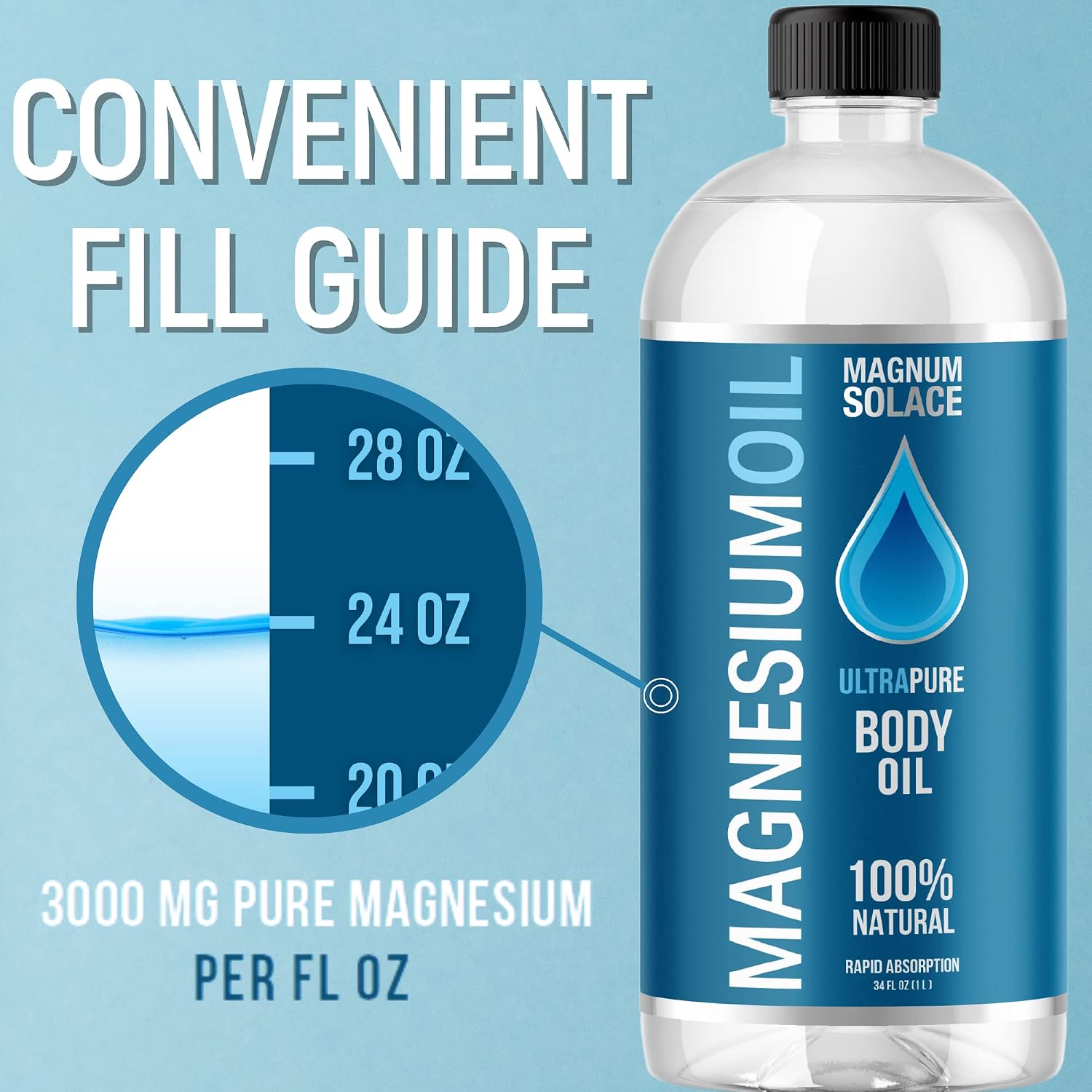 Magnesium Oil Spray and Bath Soak - Large 1 Liter (34 oz) and 2 oz Spray Bottle - Alternative to Magnesium Bath Flakes or Epsom Salts (2 Pack Bundle)