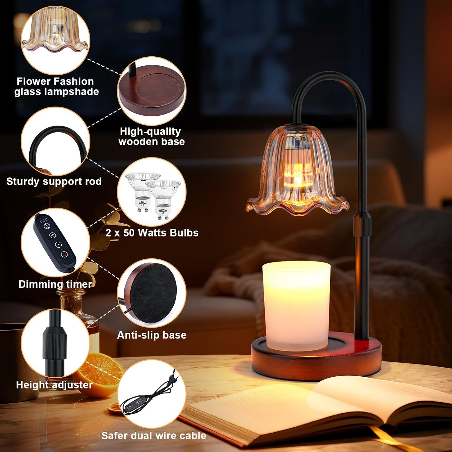 Candle Warmer Lamp Electric: Timer Dimmer Candles Warming Jar Light - Height Adjustable Dimmable Warmers Lamps - Flower No Flame Lamps with Heat Warm Melt Wax - Home Bedroom Decor Table Light