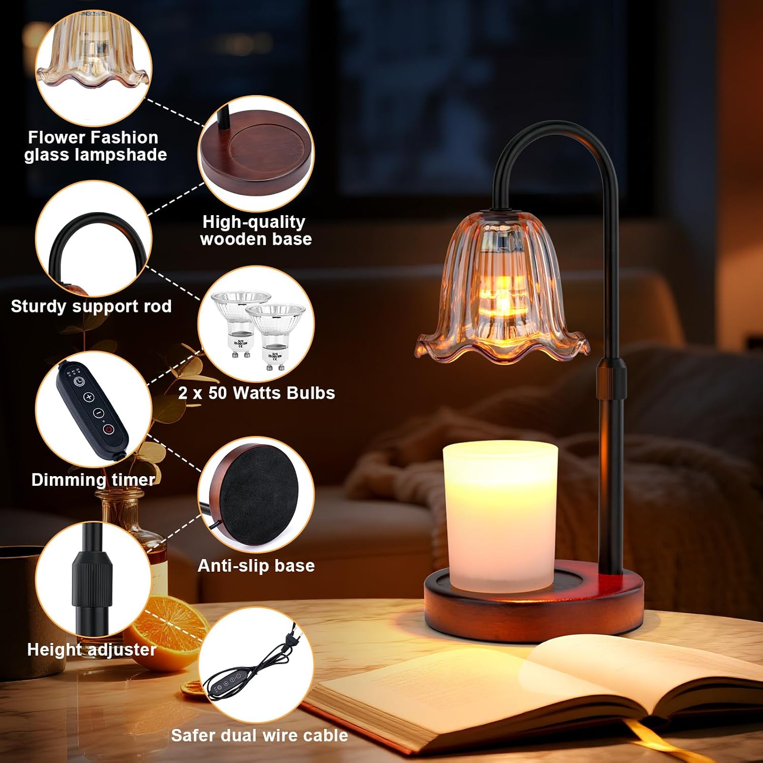 Candle Warmer Lamp Electric: Timer Dimmer Candles Warming Jar Light - Height Adjustable Dimmable Warmers Lamps - Flower No Flame Lamps with Heat Warm Melt Wax - Home Bedroom Decor Table Light
