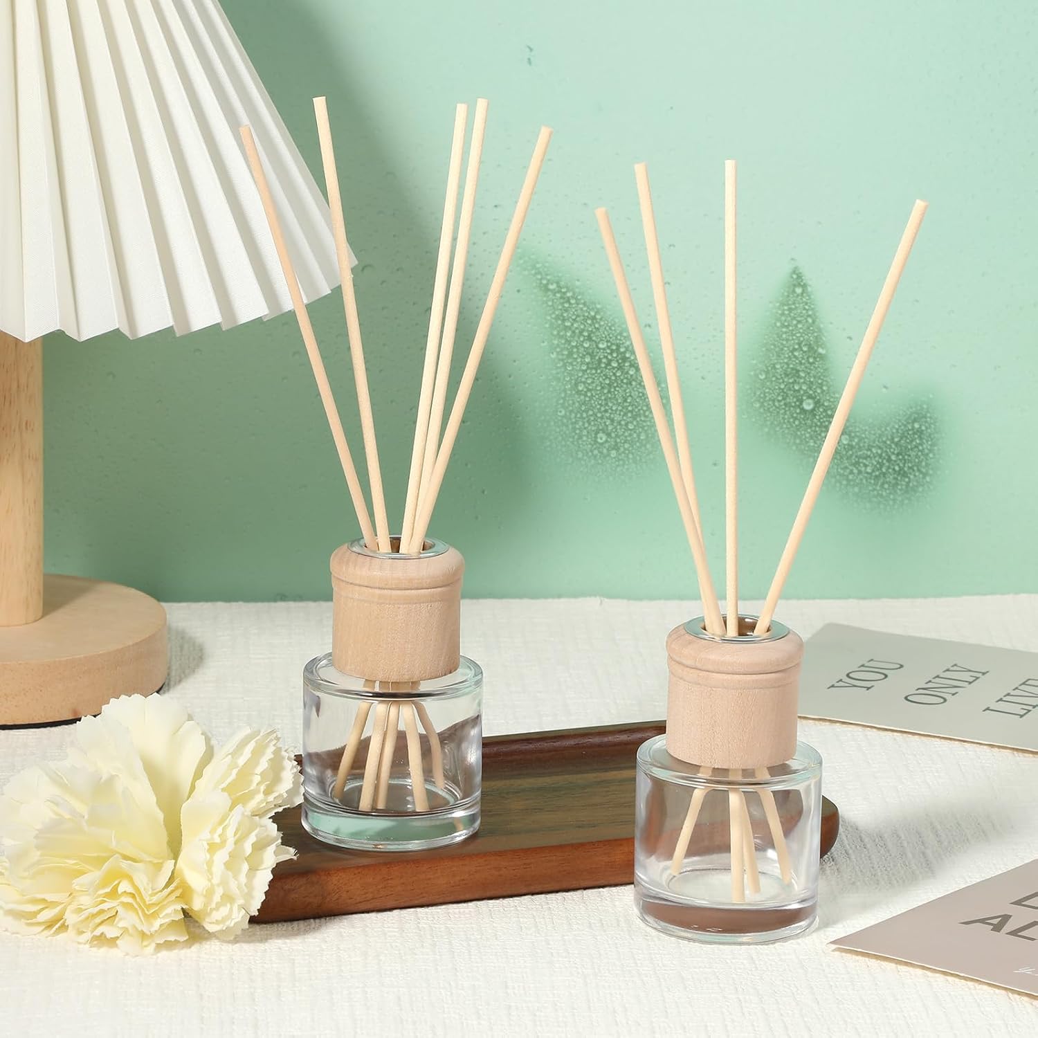 20 Set Reed Diffuser Bottle Refillable Empty Glass Jars with Wooden Caps & Sticks, 50ml (1.7 oz) Round Wide Mouth Bottles for DIY Fragrance, Home Decor, Gifts