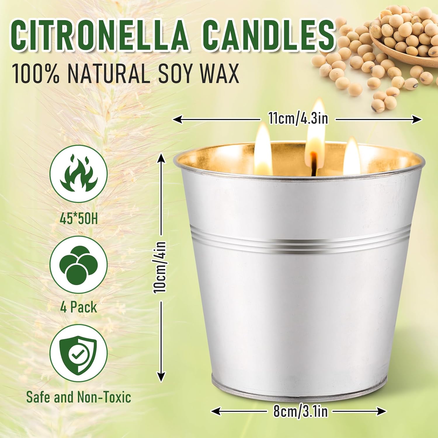 Whaline 4Pcs Citronella Candles Outdoor Large 3-Wick Soy Wax Scented Summer Iron Bucket Candles for Wedding Birthday Outside Indoor Patio Home Garden Yard Balcony Camping Porch BBQ