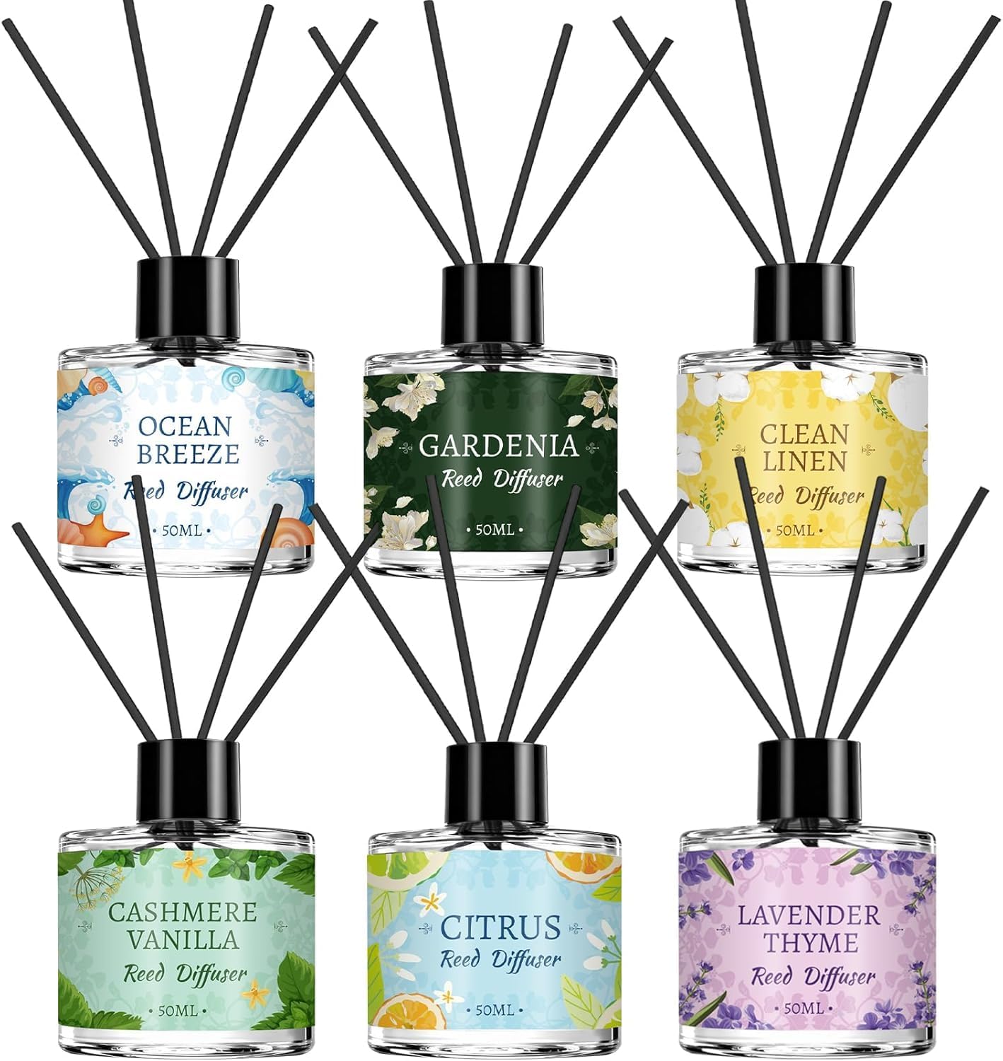 6 Pack Reed Diffuser Sets, Essential Oil Reed Diffusers for Home with 24 Sticks, Long Lasting Scent, Gift Ready Fragrance Diffuser for Bedroom, Bathroom, Office, Home Decor (1.69oz Each)