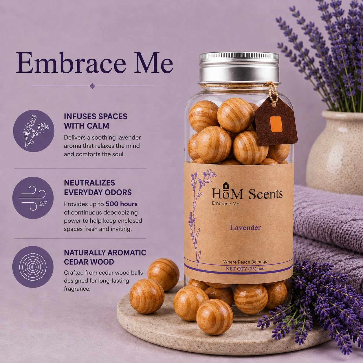 Lavender Cedar Balls - 35pcs, Long-Lasting Home Fragrance for Bedrooms, Bathrooms, Closets, Air Freshener, Odor Eliminator