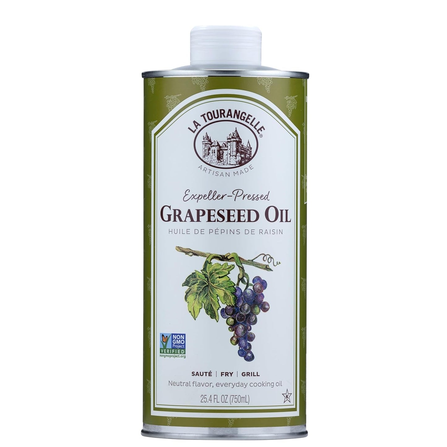 La Tourangelle, Expeller-Pressed Grapeseed Oil, High Heat Neutral Cooking Oil, Cast Iron Seasoning, Also Great for Skin, Hair, and DIY Beauty Recipes, 25.4 fl oz
